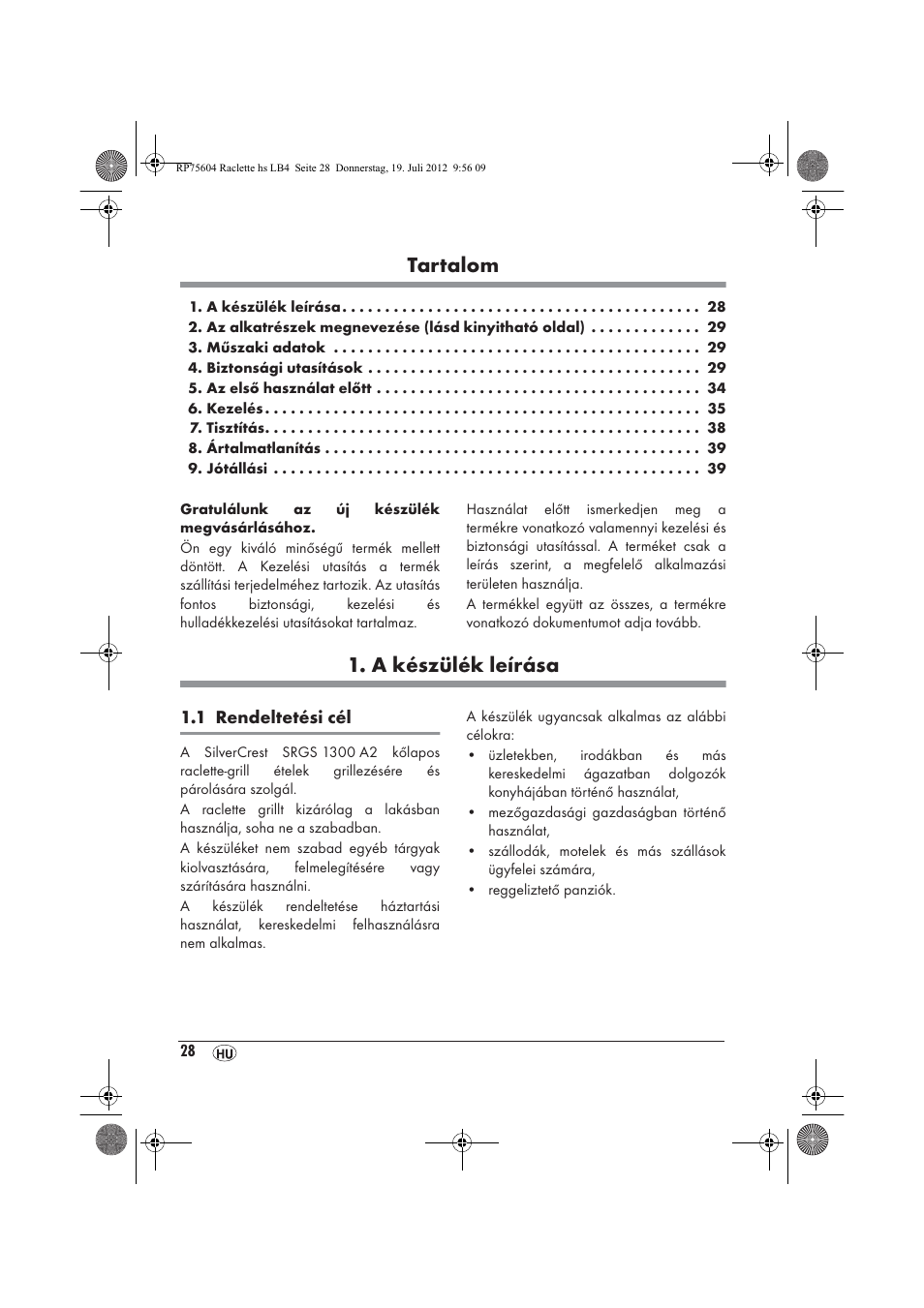 Tartalom, A készülék leírása | Silvercrest SRGS 1300 A2 User Manual | Page 30 / 94