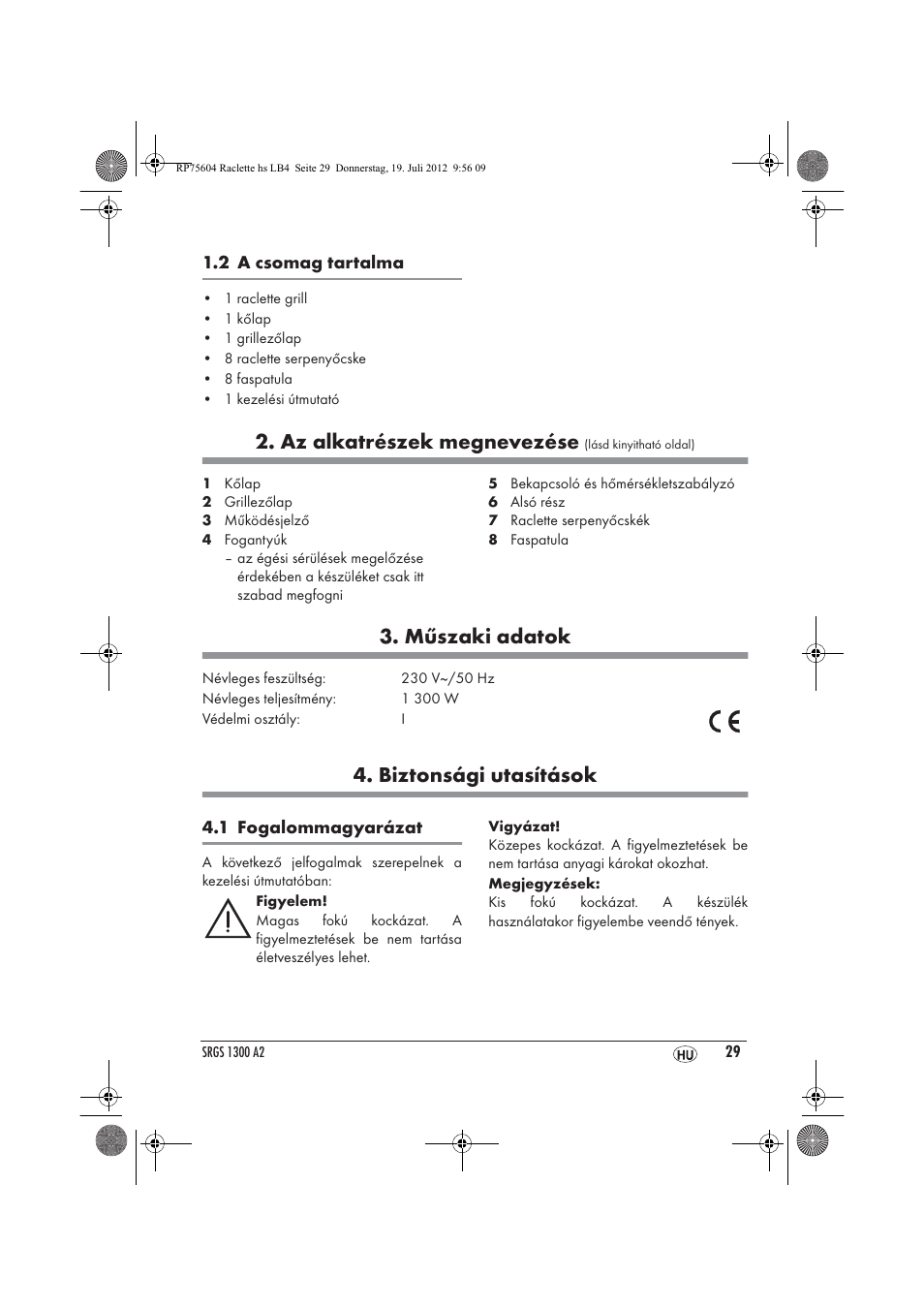 Az alkatrészek megnevezése, Műszaki adatok, Biztonsági utasítások | Silvercrest SRGS 1300 A2 User Manual | Page 31 / 94