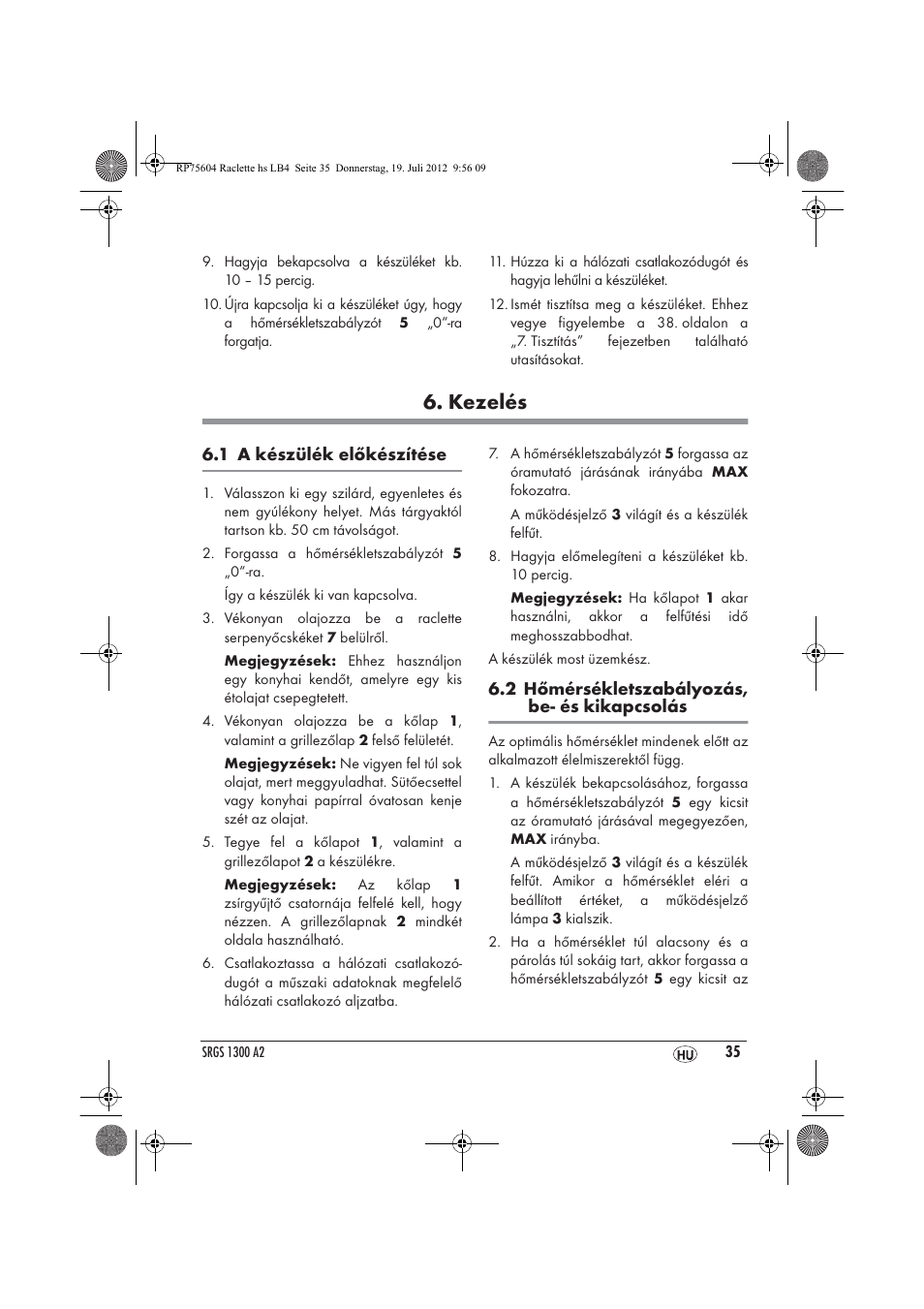 Kezelés | Silvercrest SRGS 1300 A2 User Manual | Page 37 / 94