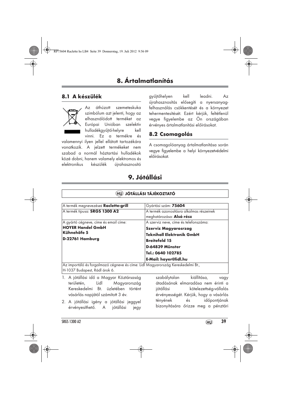 Ártalmatlanítás, Jótállási | Silvercrest SRGS 1300 A2 User Manual | Page 41 / 94