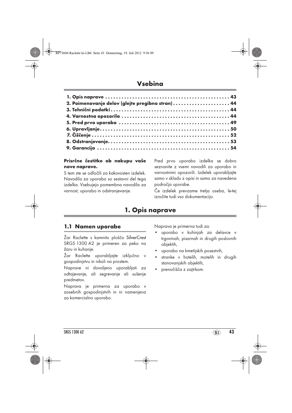Vsebina, Opis naprave | Silvercrest SRGS 1300 A2 User Manual | Page 45 / 94