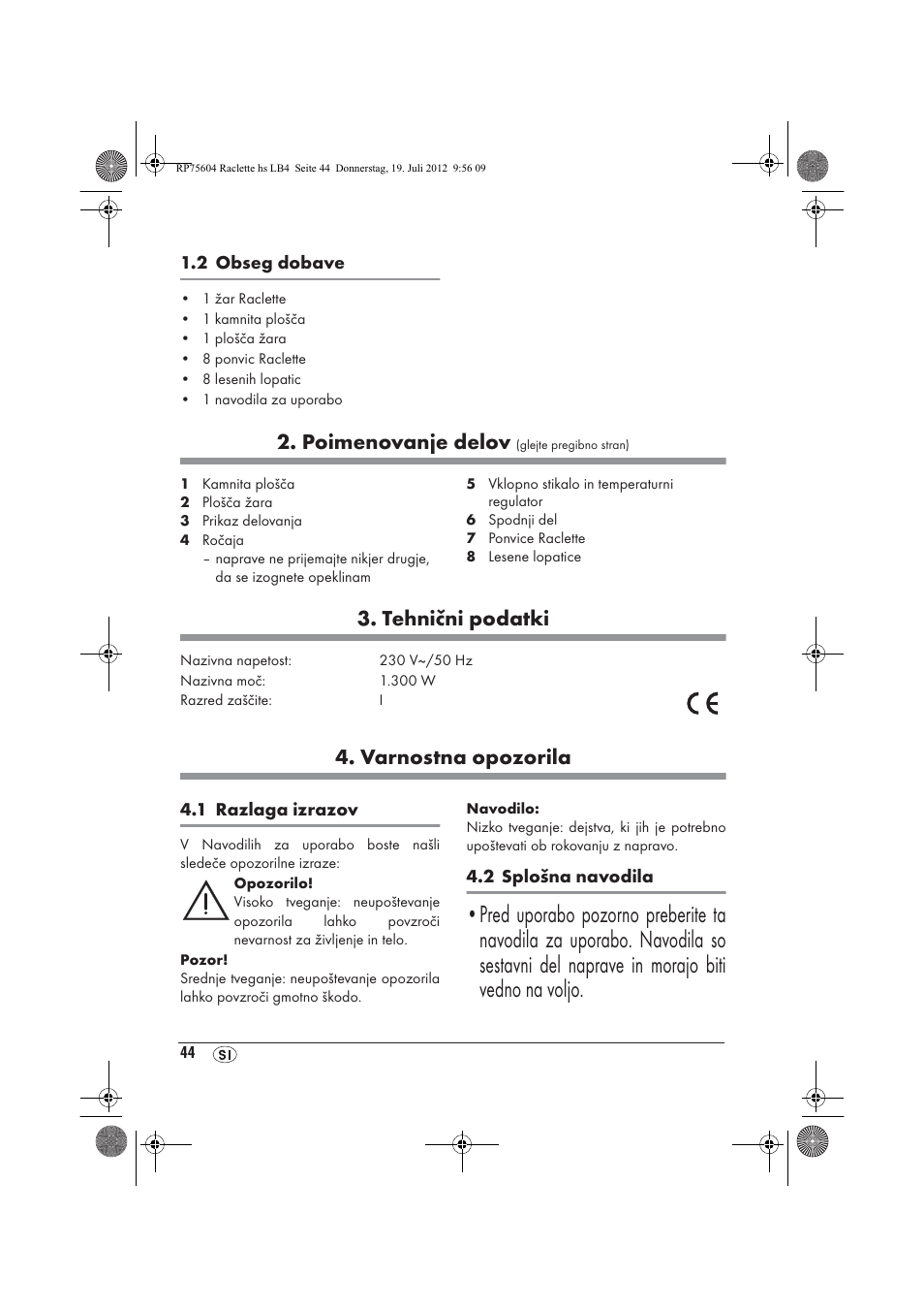 Poimenovanje delov, Tehnični podatki, Varnostna opozorila | Silvercrest SRGS 1300 A2 User Manual | Page 46 / 94