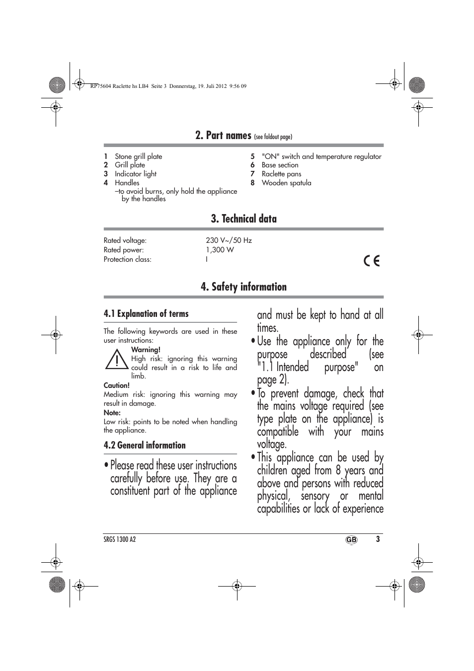 Part names, Technical data, Safety information | Silvercrest SRGS 1300 A2 User Manual | Page 5 / 94