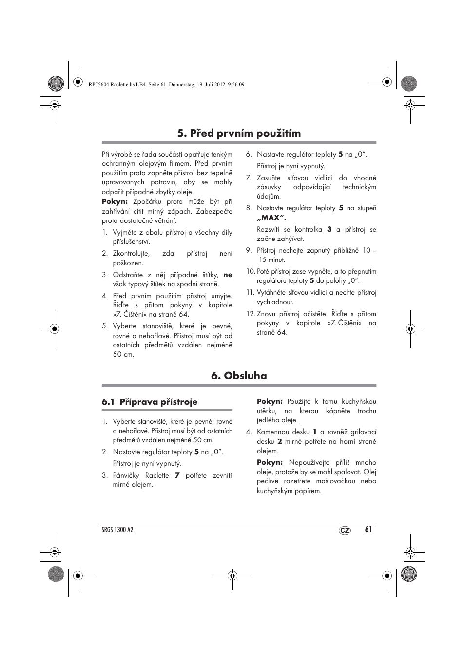 Před prvním použitím, Obsluha | Silvercrest SRGS 1300 A2 User Manual | Page 63 / 94
