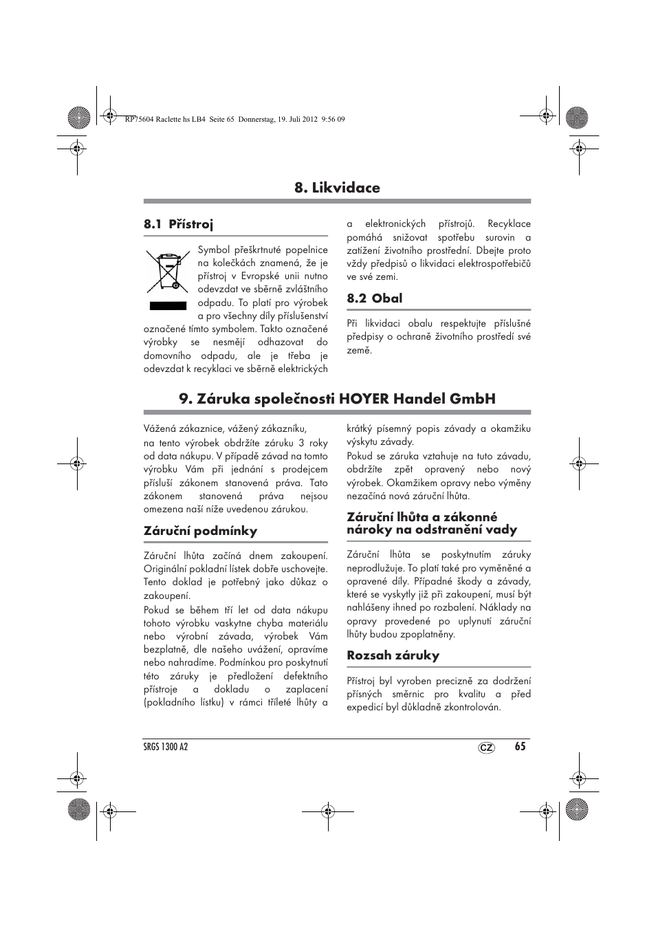 Likvidace, Záruka společnosti hoyer handel gmbh | Silvercrest SRGS 1300 A2 User Manual | Page 67 / 94