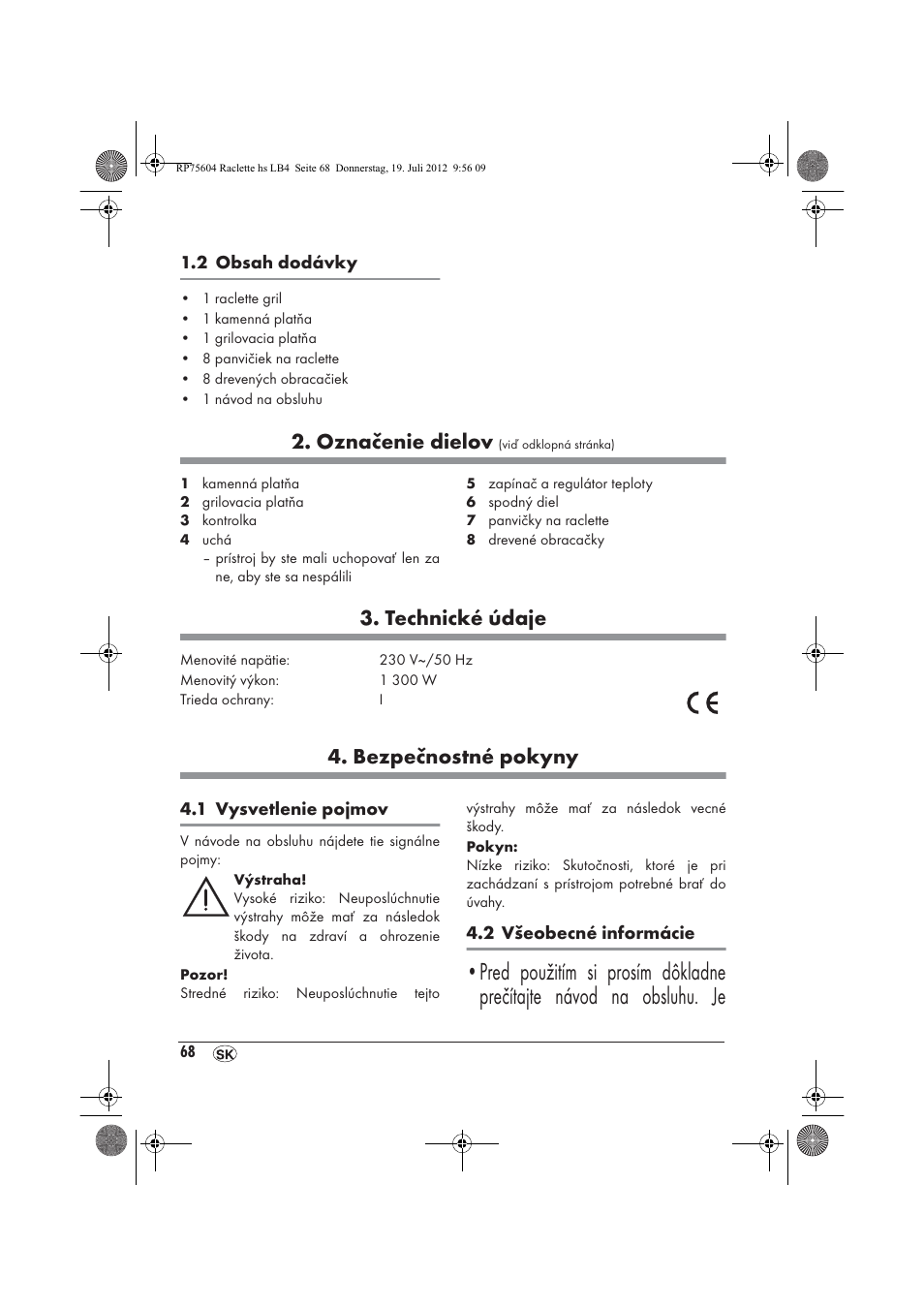 Označenie dielov, Technické údaje, Bezpečnostné pokyny | Silvercrest SRGS 1300 A2 User Manual | Page 70 / 94
