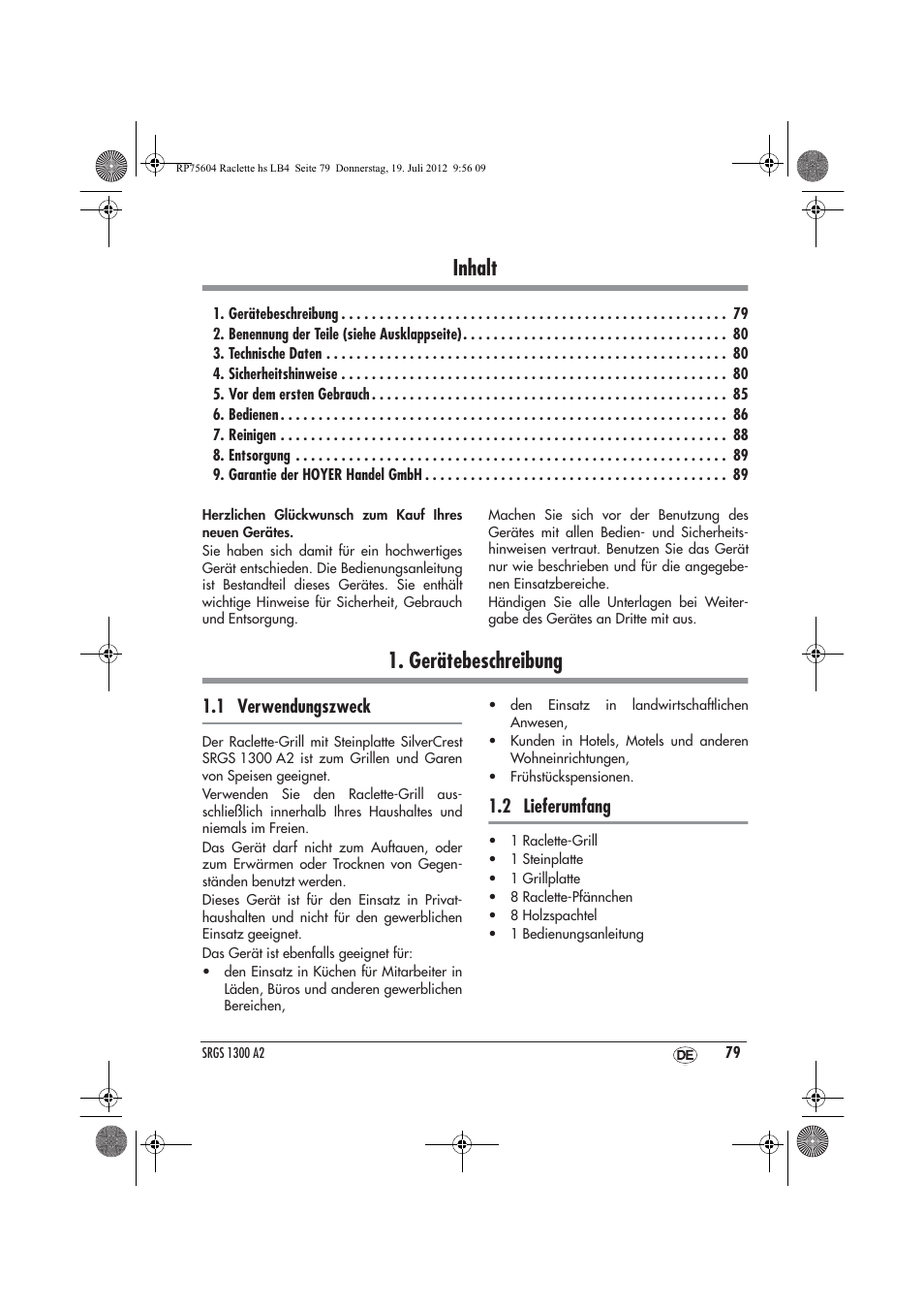 Inhalt, Gerätebeschreibung, 1 verwendungszweck | 2 lieferumfang | Silvercrest SRGS 1300 A2 User Manual | Page 81 / 94