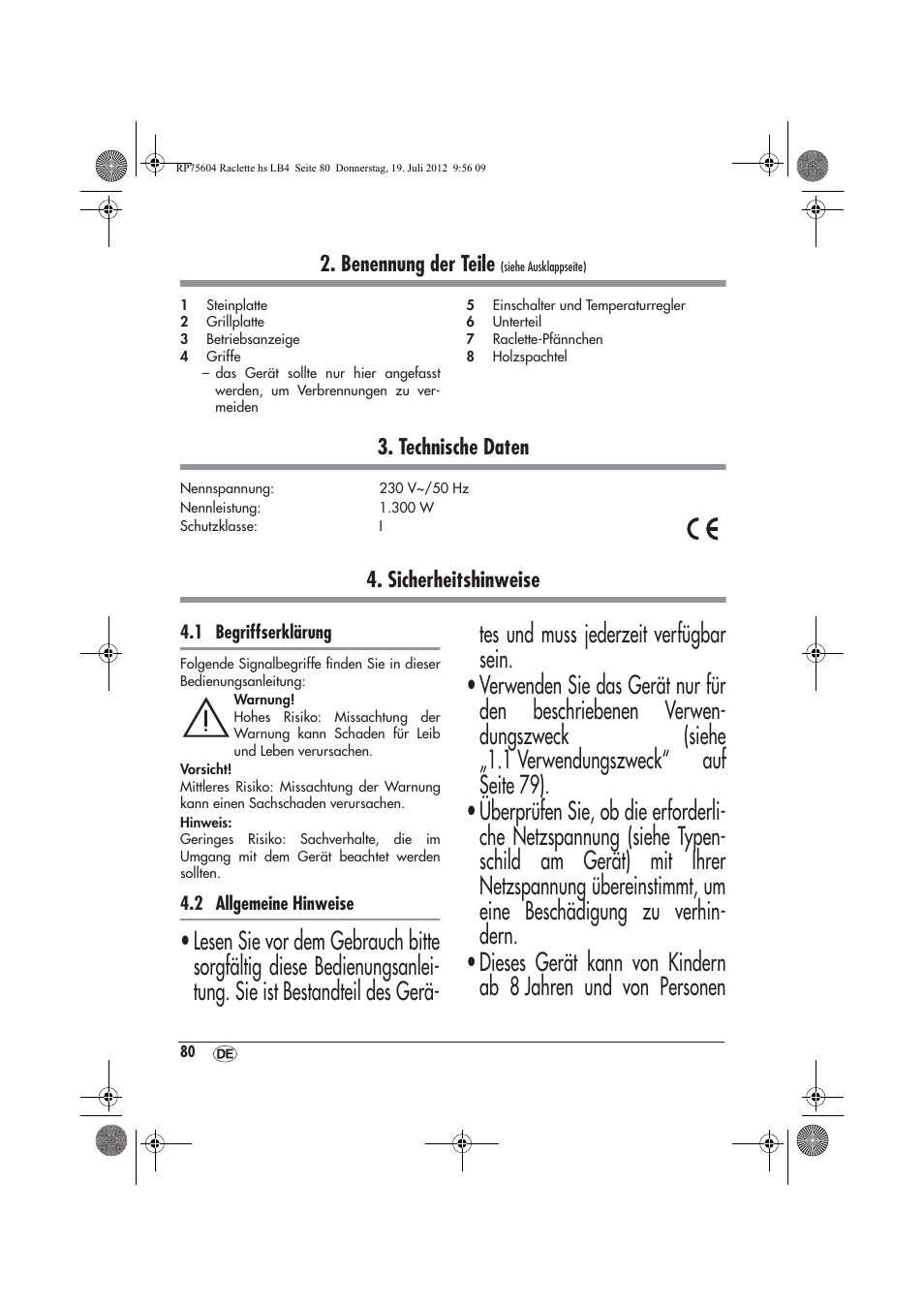 Benennung der teile, Technische daten, Sicherheitshinweise | Silvercrest SRGS 1300 A2 User Manual | Page 82 / 94