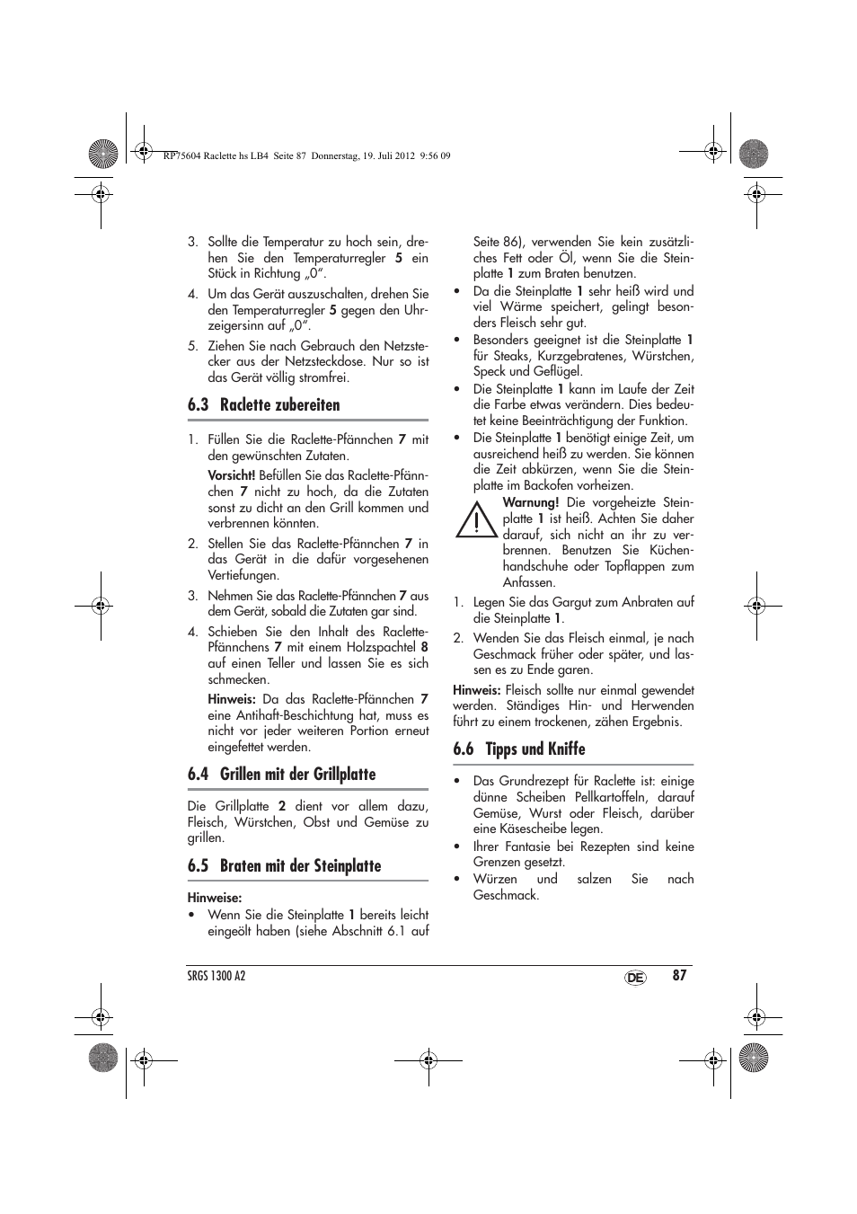 3 raclette zubereiten, 4 grillen mit der grillplatte, 5 braten mit der steinplatte | 6 tipps und kniffe | Silvercrest SRGS 1300 A2 User Manual | Page 89 / 94