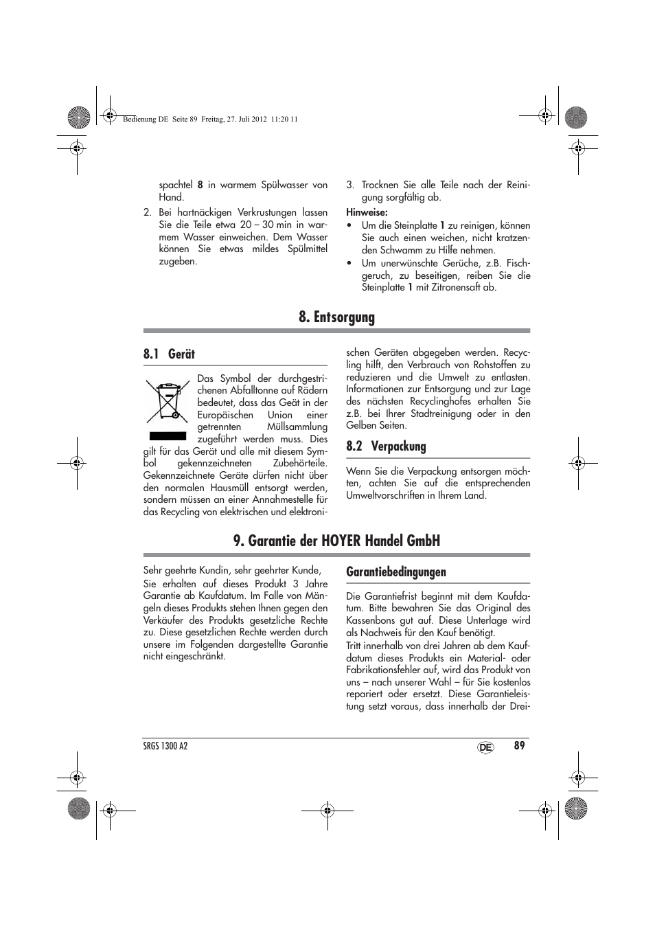 Entsorgung, Garantie der hoyer handel gmbh, 1 gerät | 2 verpackung, Garantiebedingungen | Silvercrest SRGS 1300 A2 User Manual | Page 91 / 94