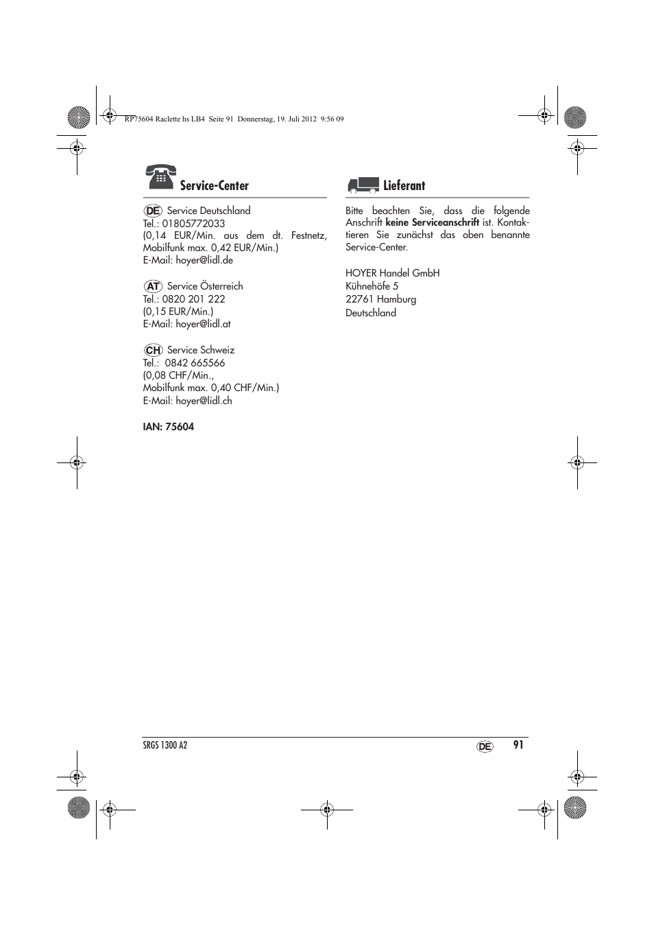 Service-center, Lieferant | Silvercrest SRGS 1300 A2 User Manual | Page 93 / 94