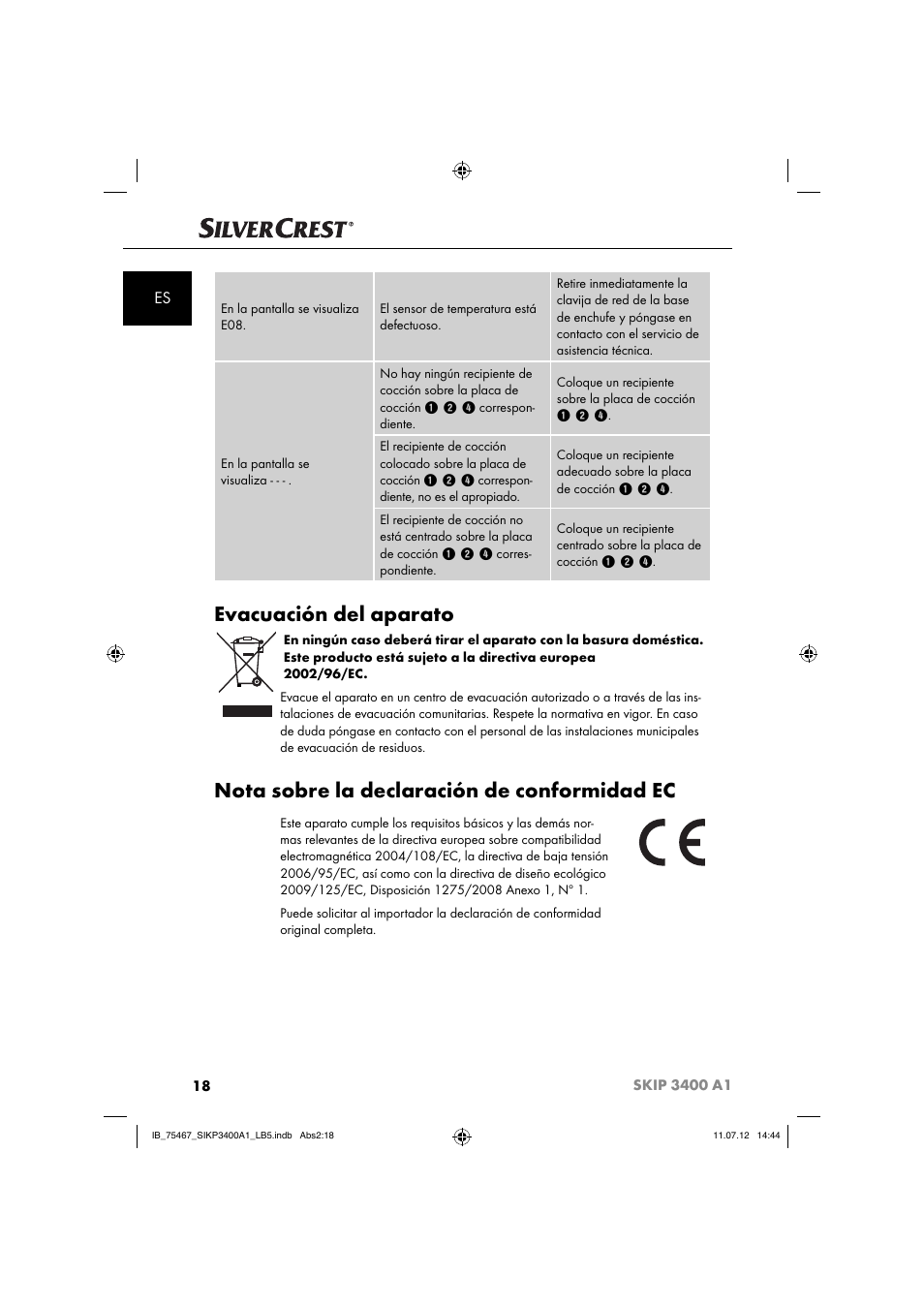 Evacuación del aparato, Nota sobre la declaración de conformidad ec | Silvercrest SIKP 3400 A1 User Manual | Page 20 / 82