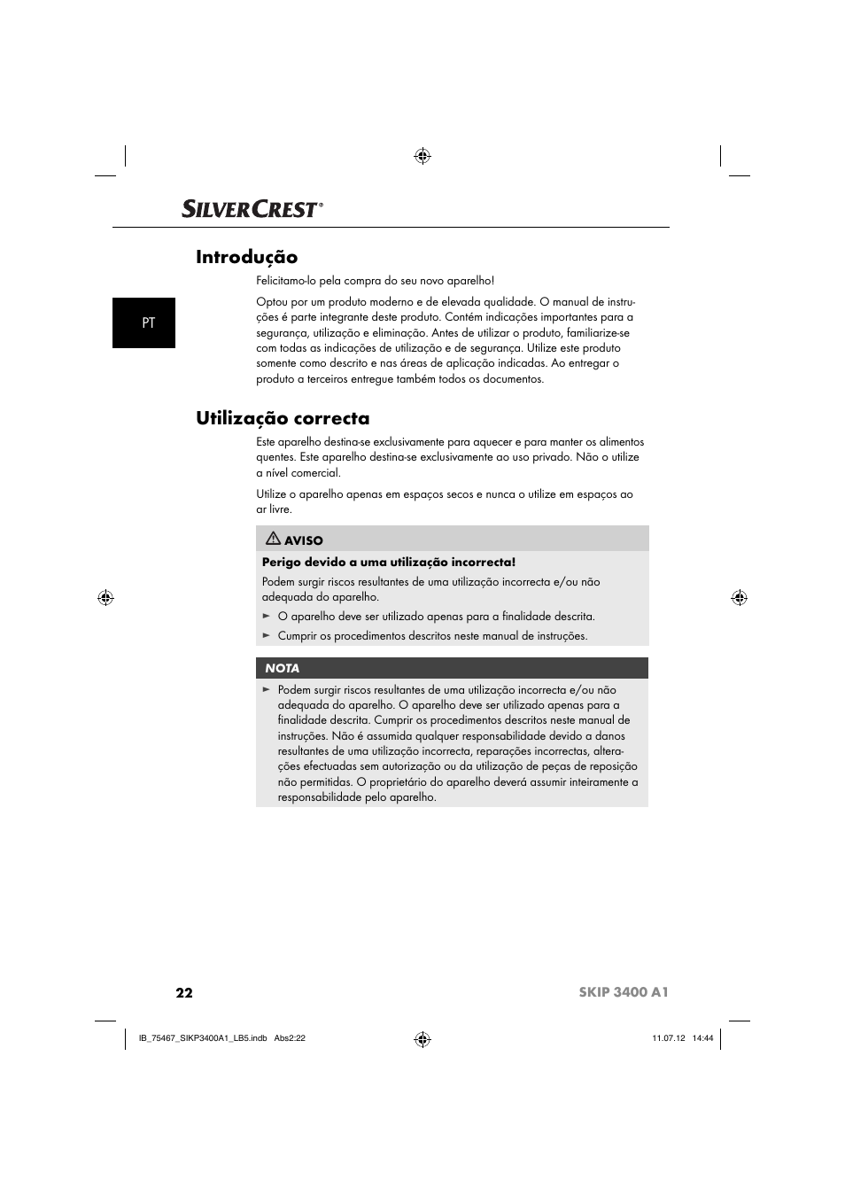 Introdução, Utilização correcta | Silvercrest SIKP 3400 A1 User Manual | Page 24 / 82