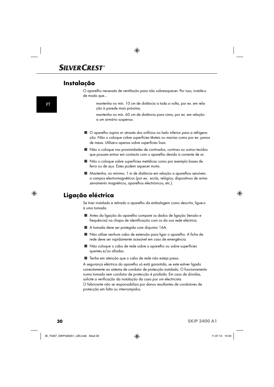 Instalação, Ligação eléctrica | Silvercrest SIKP 3400 A1 User Manual | Page 32 / 82