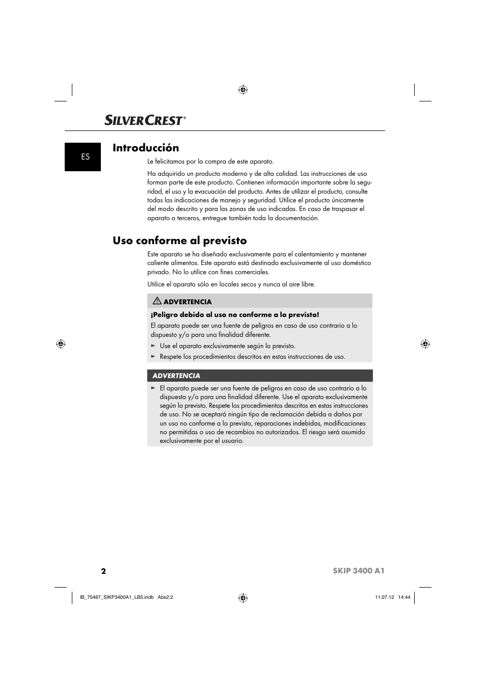 Introducción, Uso conforme al previsto | Silvercrest SIKP 3400 A1 User Manual | Page 4 / 82