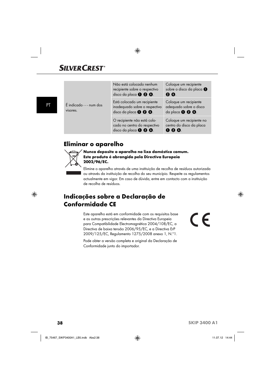 Eliminar o aparelho, Indicações sobre a declaração de conformidade ce | Silvercrest SIKP 3400 A1 User Manual | Page 40 / 82