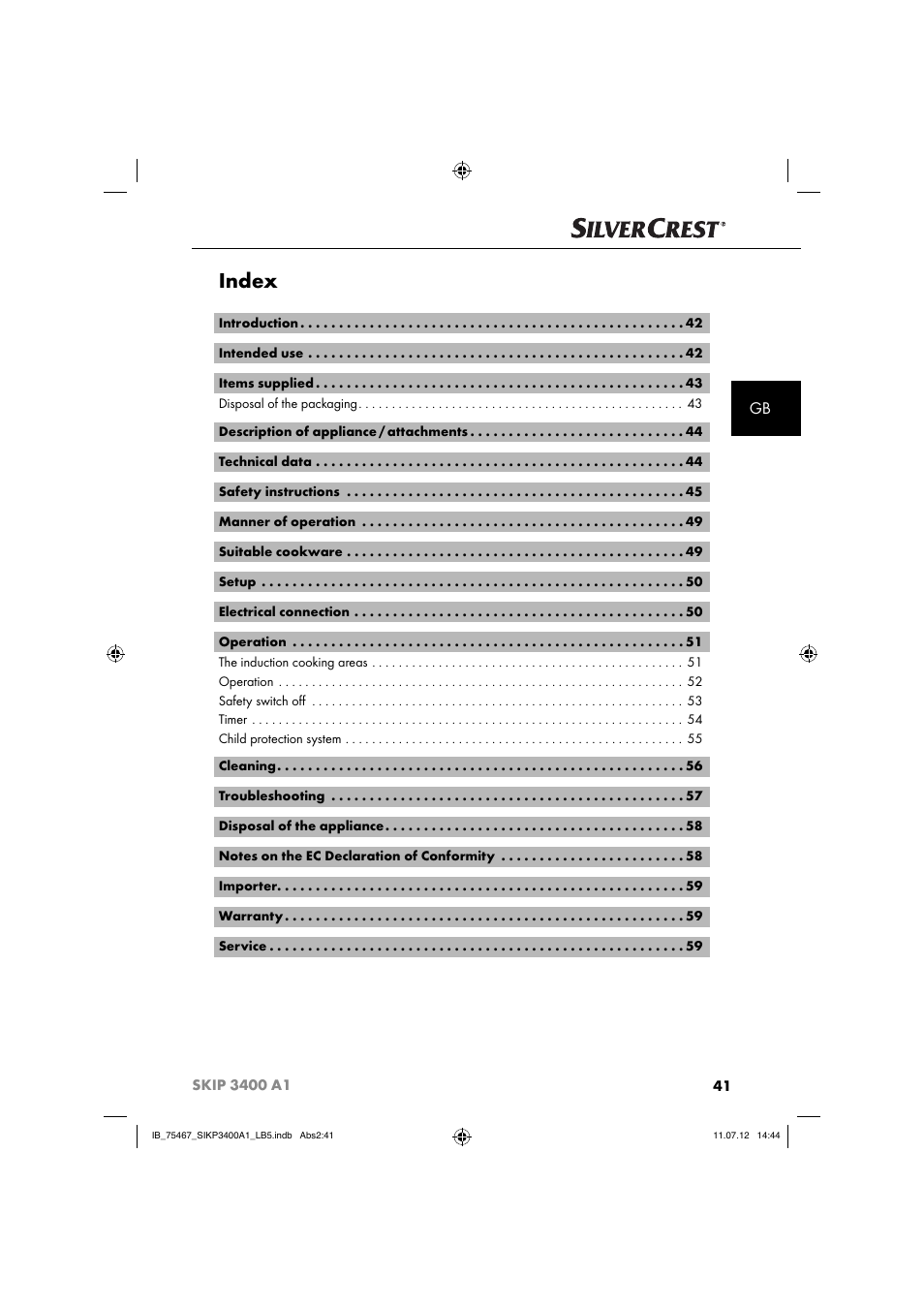 Index | Silvercrest SIKP 3400 A1 User Manual | Page 43 / 82