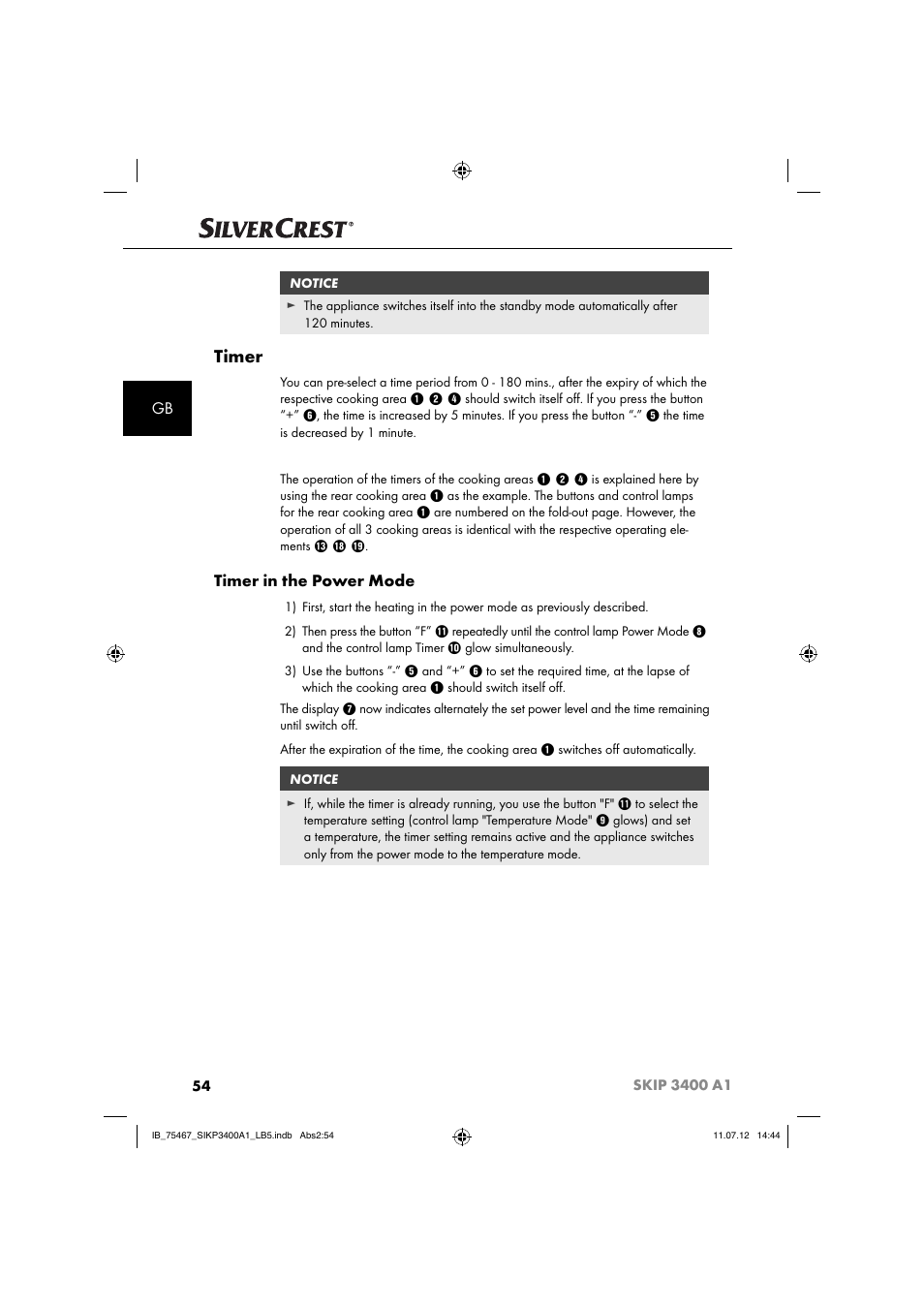 Timer, Timer in the power mode | Silvercrest SIKP 3400 A1 User Manual | Page 56 / 82