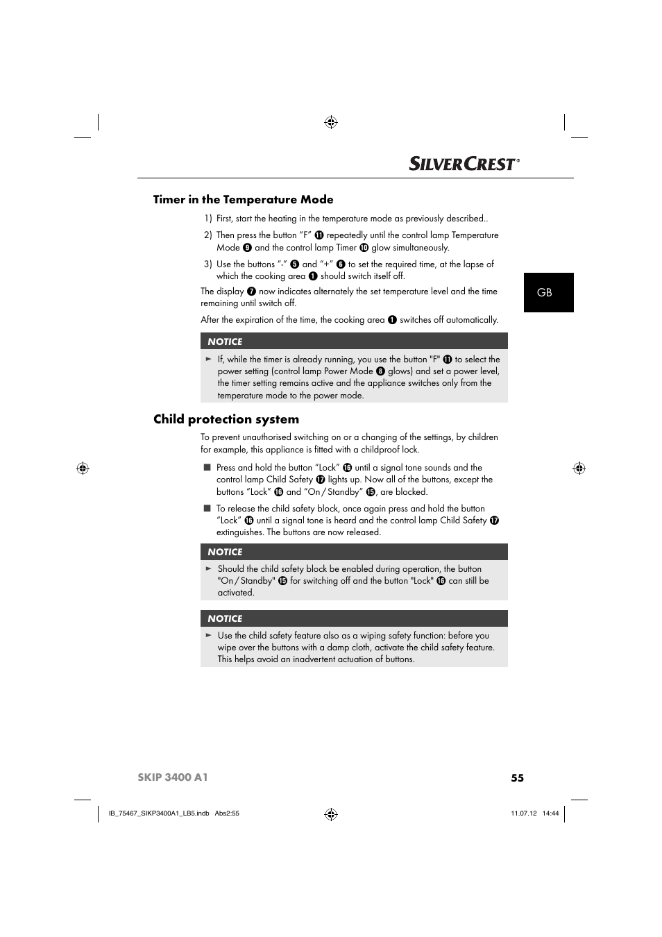 Child protection system, Gb timer in the temperature mode | Silvercrest SIKP 3400 A1 User Manual | Page 57 / 82