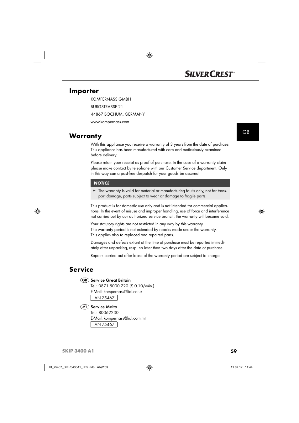 Importer, Warranty, Service | Silvercrest SIKP 3400 A1 User Manual | Page 61 / 82