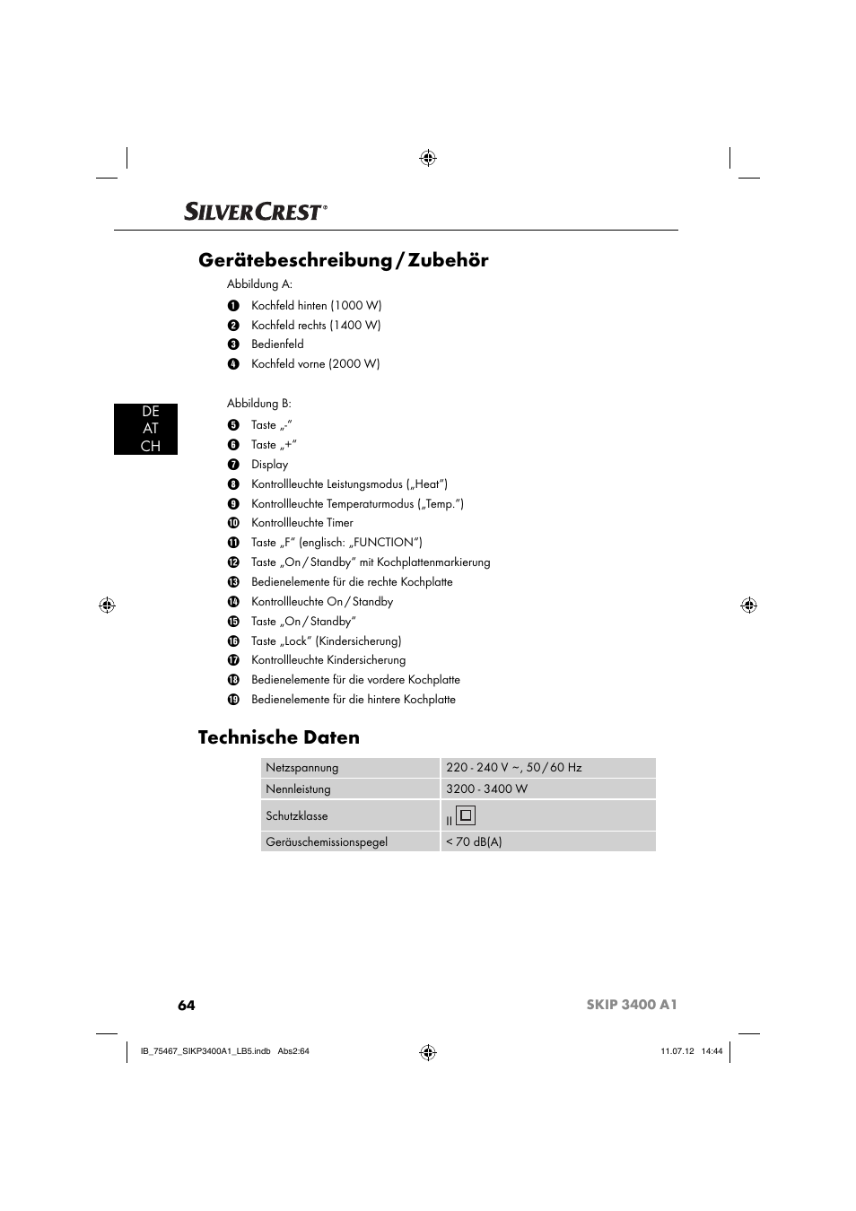 Gerätebeschreibung / zubehör, Technische daten, De at ch | Silvercrest SIKP 3400 A1 User Manual | Page 66 / 82