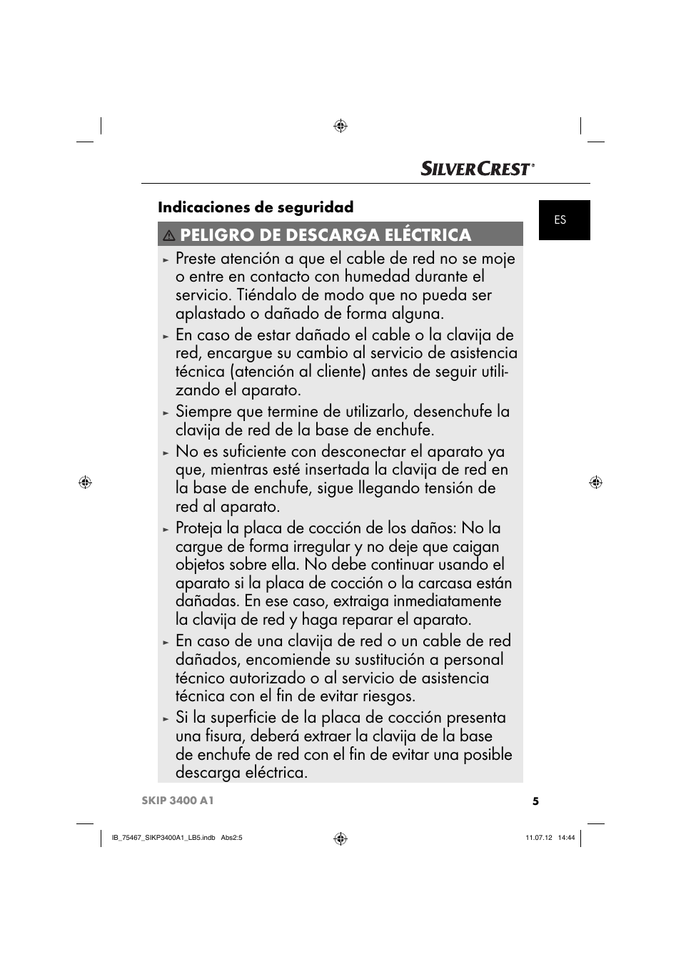 Peligro de descarga eléctrica | Silvercrest SIKP 3400 A1 User Manual | Page 7 / 82