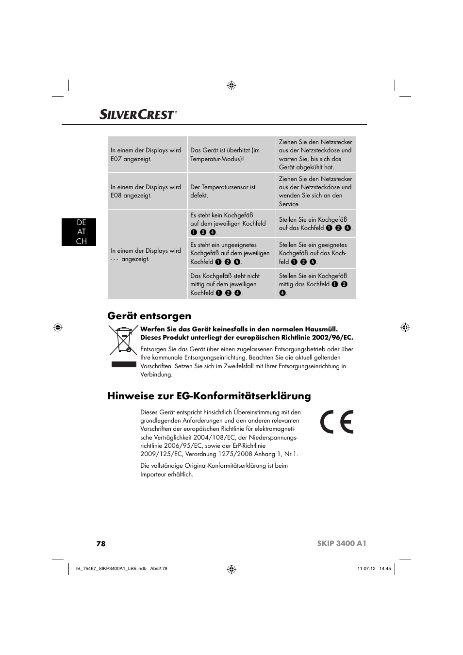 Gerät entsorgen, Hinweise zur eg-konformitätserklärung, De at ch | Silvercrest SIKP 3400 A1 User Manual | Page 80 / 82