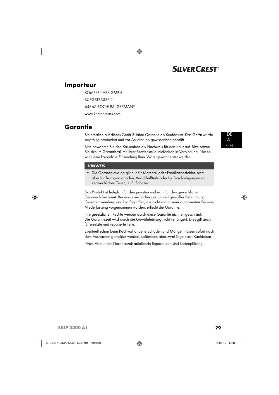 Importeur, Garantie, De at ch | Silvercrest SIKP 3400 A1 User Manual | Page 81 / 82