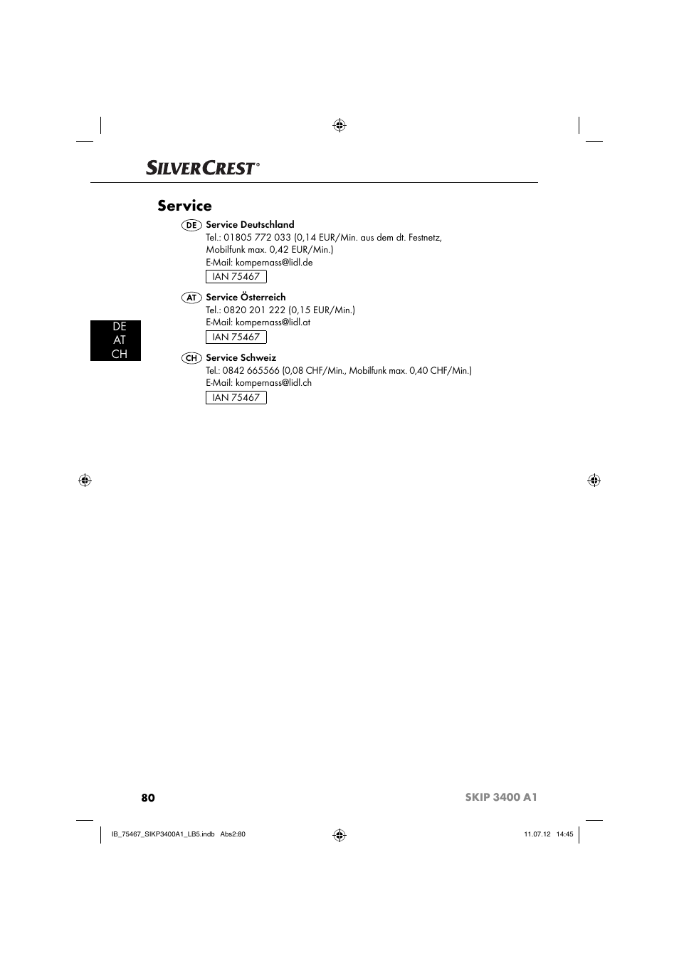 Service, De at ch | Silvercrest SIKP 3400 A1 User Manual | Page 82 / 82