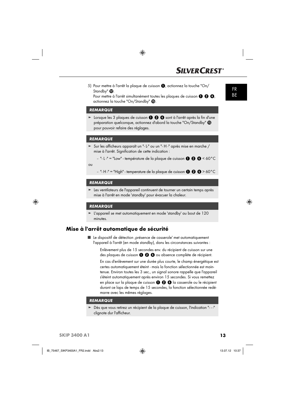 Mise à l'arrêt automatique de sécurité, Fr be | Silvercrest SIKP 3400 A1 User Manual | Page 15 / 81