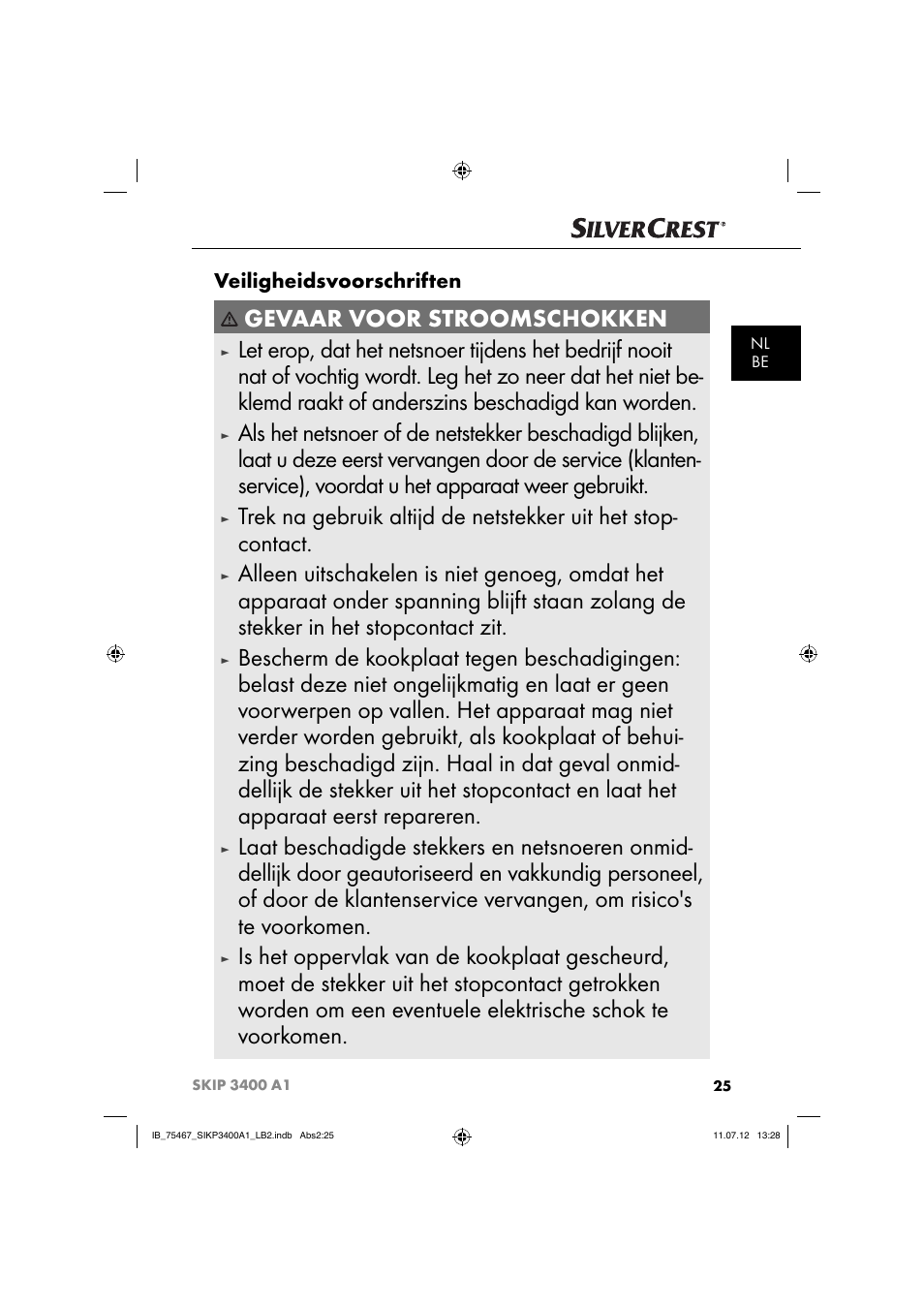 Gevaar voor stroomschokken, Veiligheidsvoorschriften | Silvercrest SIKP 3400 A1 User Manual | Page 27 / 81