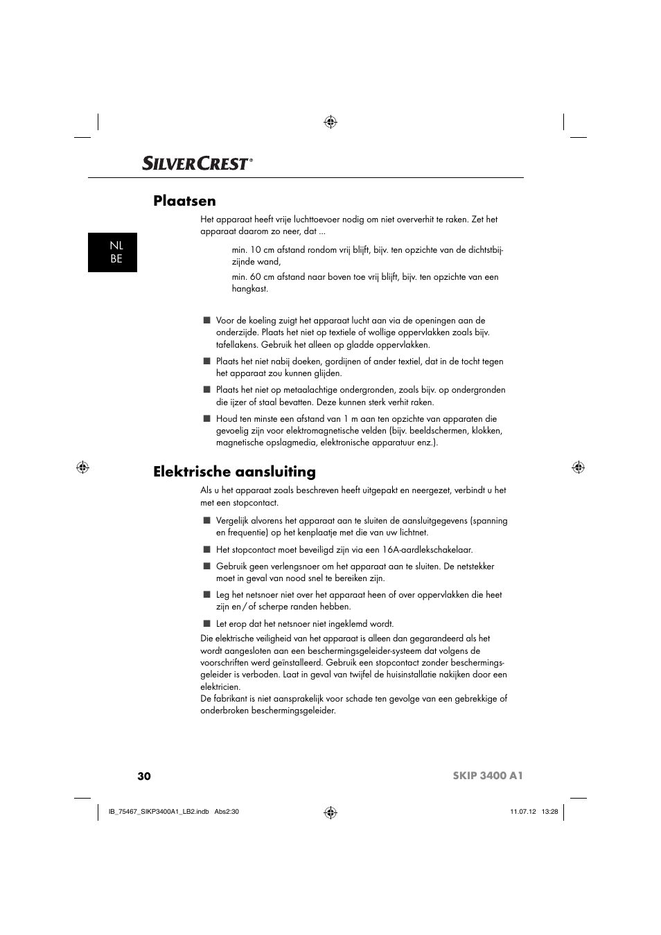 Plaatsen, Elektrische aansluiting, Nl be | Silvercrest SIKP 3400 A1 User Manual | Page 32 / 81