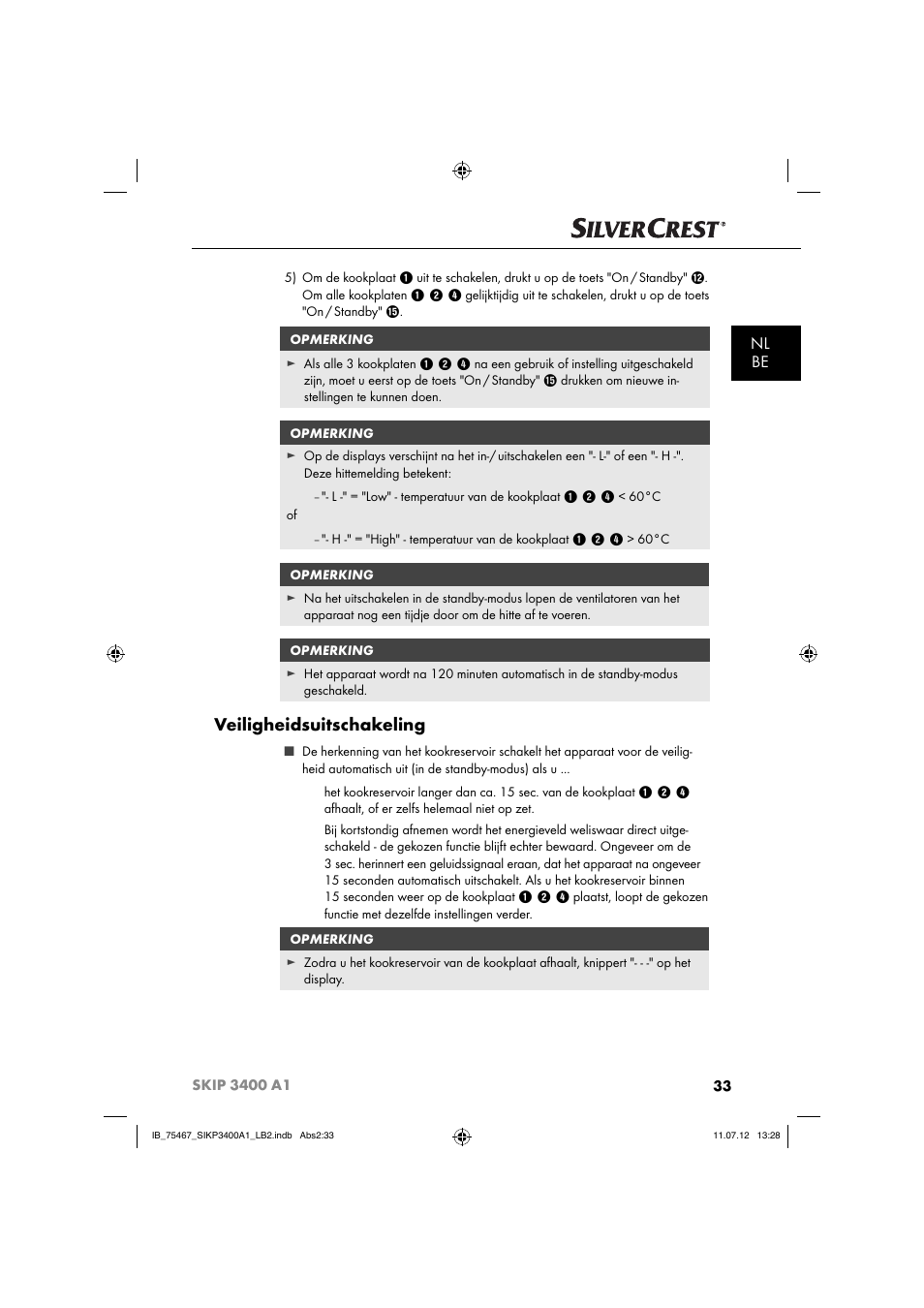 Veiligheidsuitschakeling, Nl be | Silvercrest SIKP 3400 A1 User Manual | Page 35 / 81