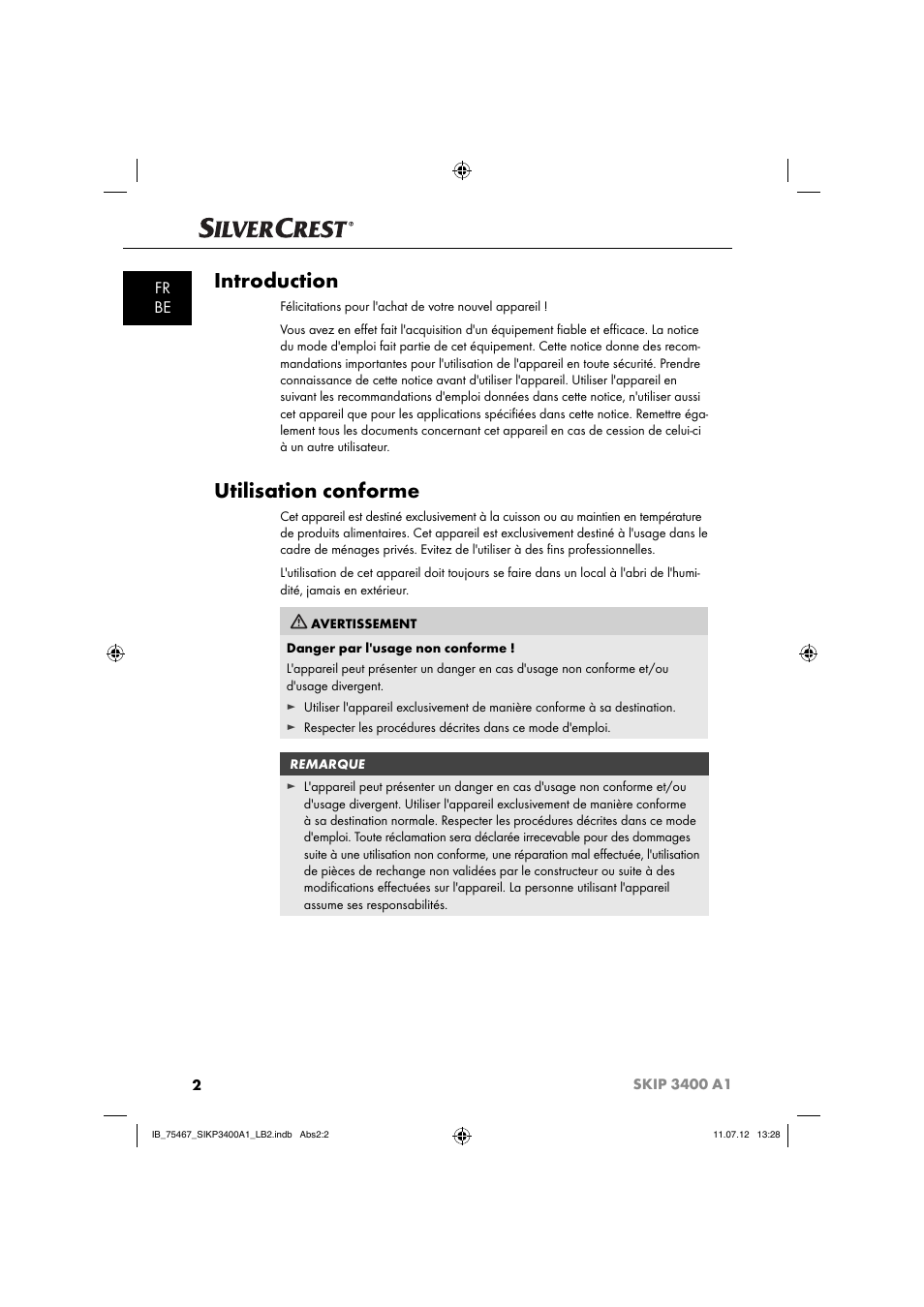 Introduction, Utilisation conforme, Fr be | Silvercrest SIKP 3400 A1 User Manual | Page 4 / 81