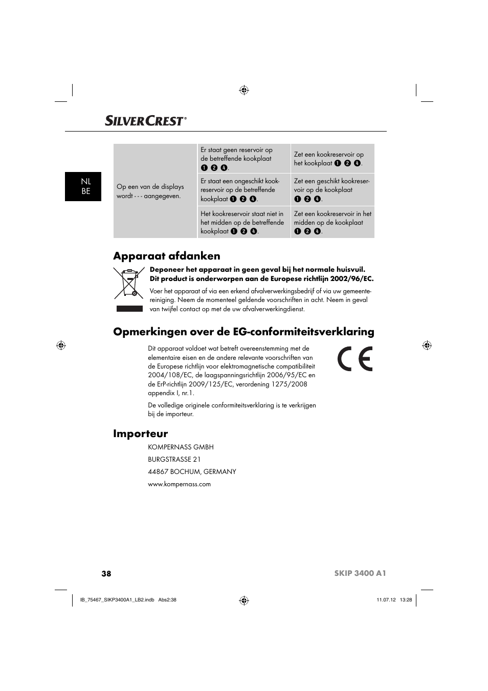 Apparaat afdanken, Opmerkingen over de eg-conformiteitsverklaring, Importeur | Nl be | Silvercrest SIKP 3400 A1 User Manual | Page 40 / 81