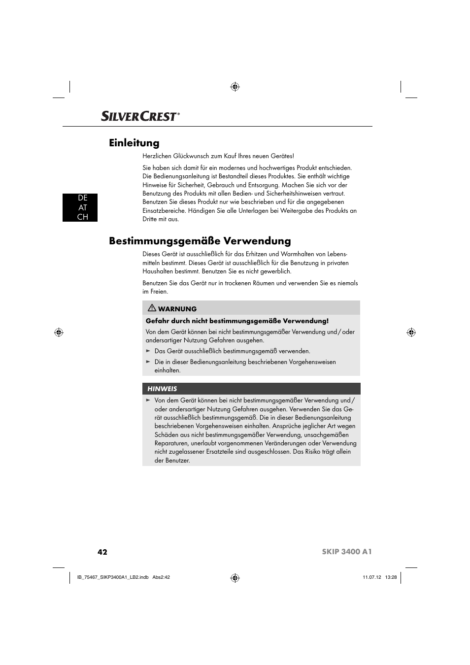 Einleitung, Bestimmungsgemäße verwendung, De at ch | Silvercrest SIKP 3400 A1 User Manual | Page 44 / 81