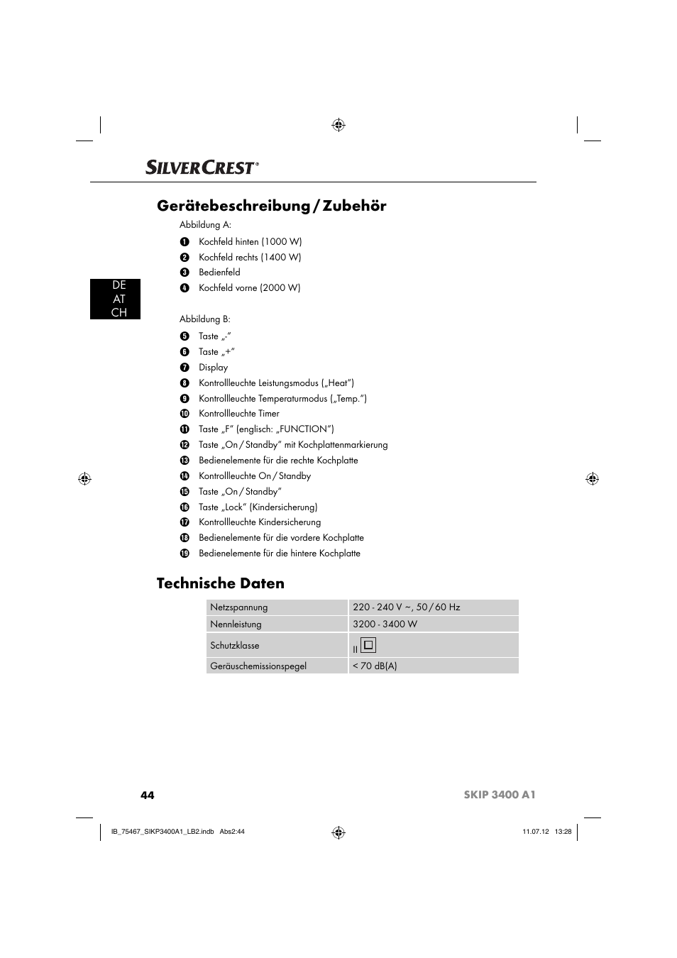 Gerätebeschreibung / zubehör, Technische daten, De at ch | Silvercrest SIKP 3400 A1 User Manual | Page 46 / 81