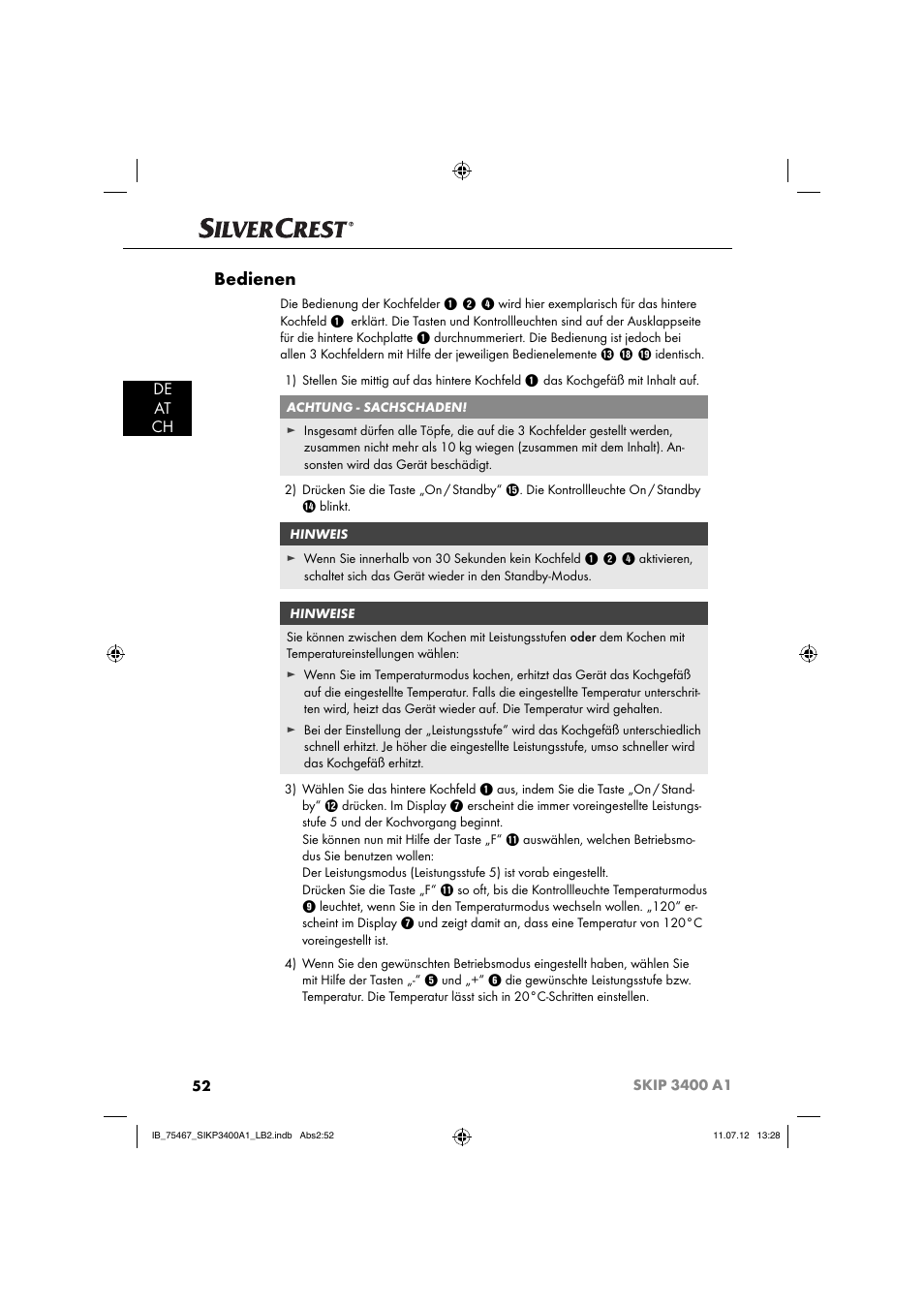 Bedienen, De at ch | Silvercrest SIKP 3400 A1 User Manual | Page 54 / 81