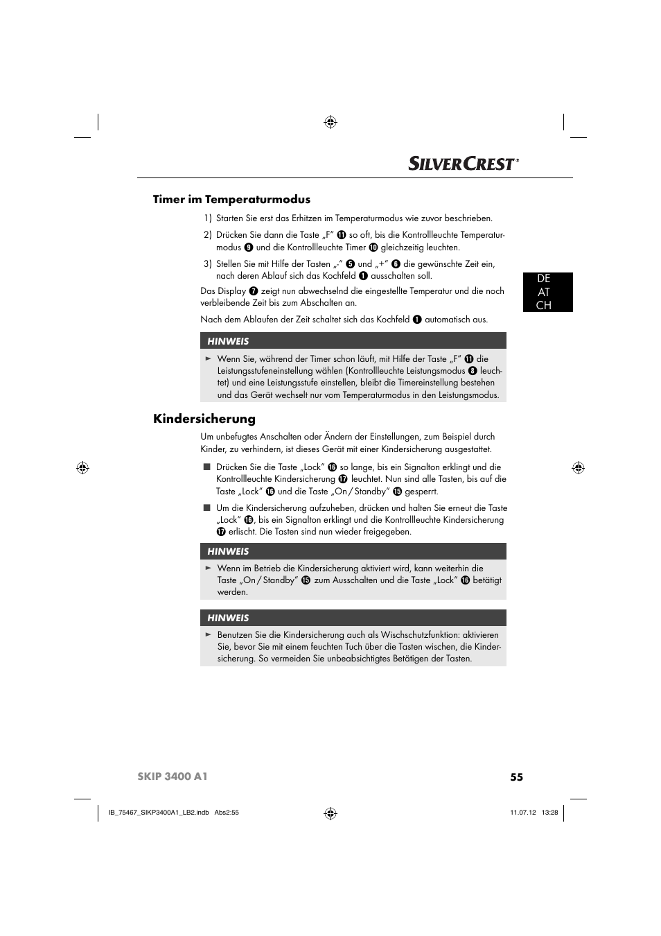 Kindersicherung, De at ch timer im temperaturmodus | Silvercrest SIKP 3400 A1 User Manual | Page 57 / 81