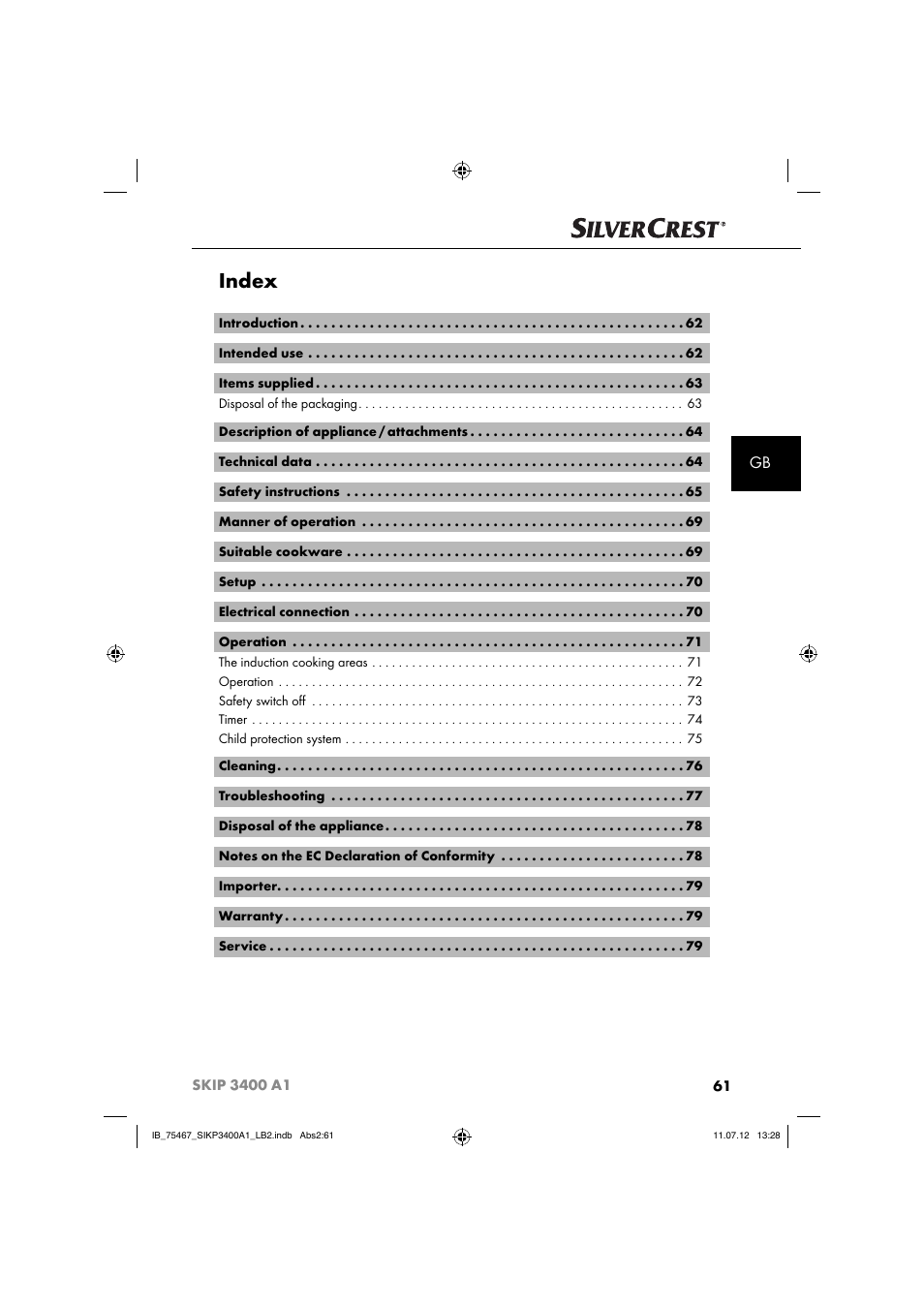 Index | Silvercrest SIKP 3400 A1 User Manual | Page 63 / 81
