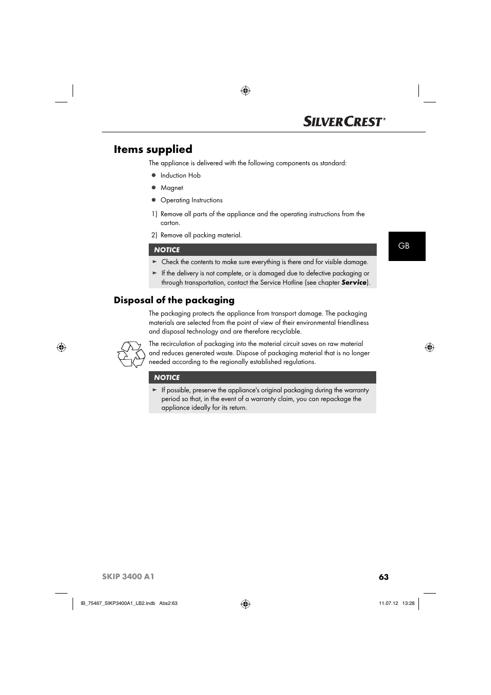 Items supplied, Disposal of the packaging | Silvercrest SIKP 3400 A1 User Manual | Page 65 / 81