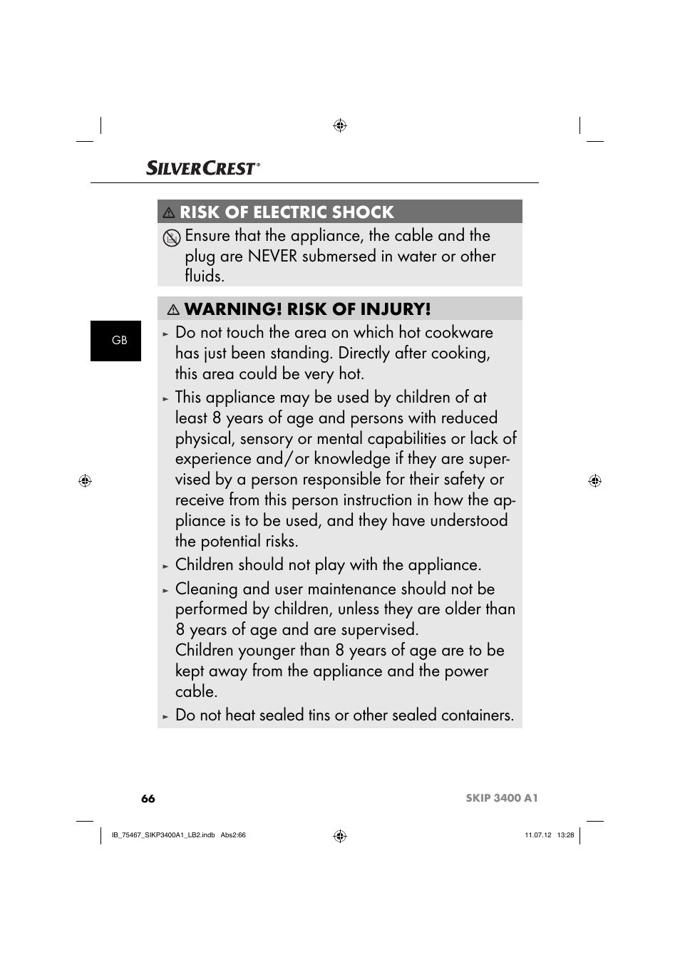 Children should not play with the appliance, Do not heat sealed tins or other sealed containers | Silvercrest SIKP 3400 A1 User Manual | Page 68 / 81