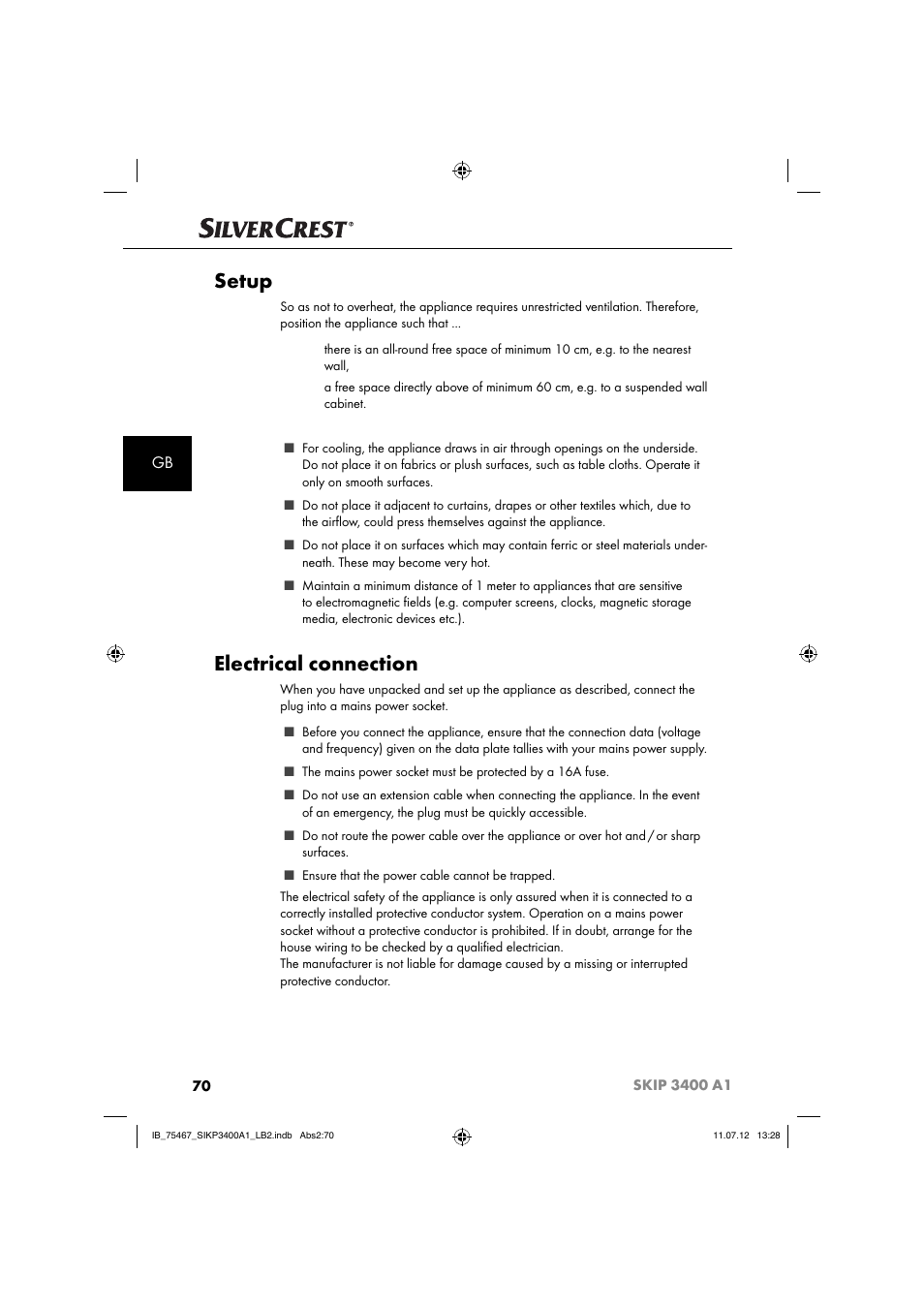 Setup, Electrical connection | Silvercrest SIKP 3400 A1 User Manual | Page 72 / 81