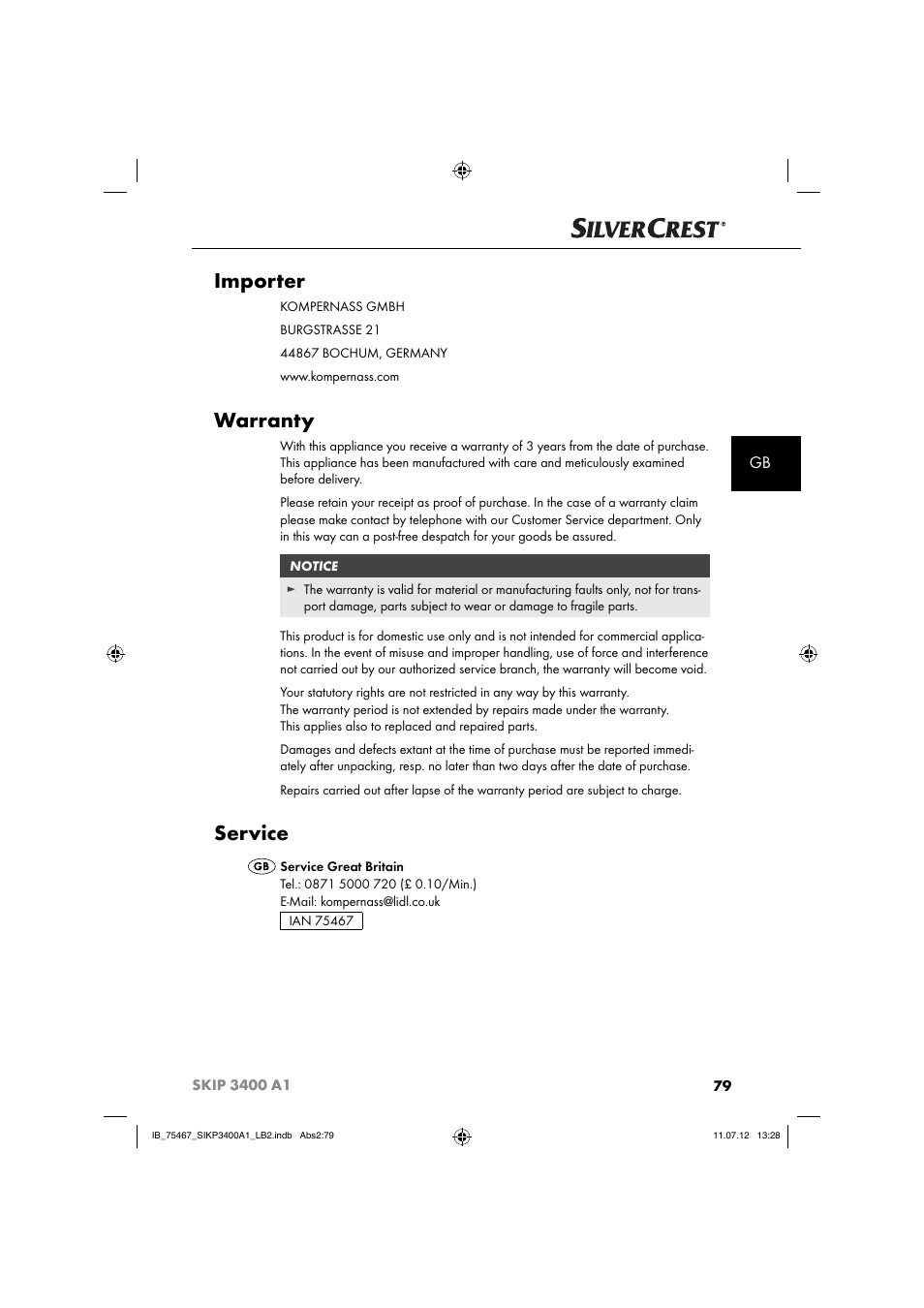 Importer, Warranty, Service | Silvercrest SIKP 3400 A1 User Manual | Page 81 / 81