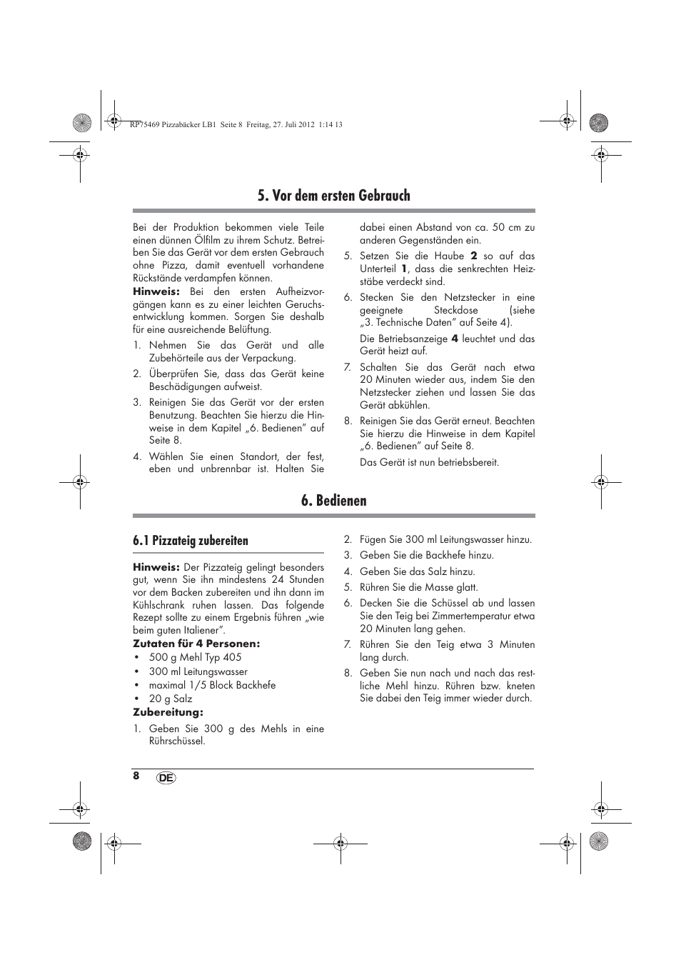 Vor dem ersten gebrauch, Bedienen, 1 pizzateig zubereiten | Silvercrest SPB 800 A1 User Manual | Page 10 / 66