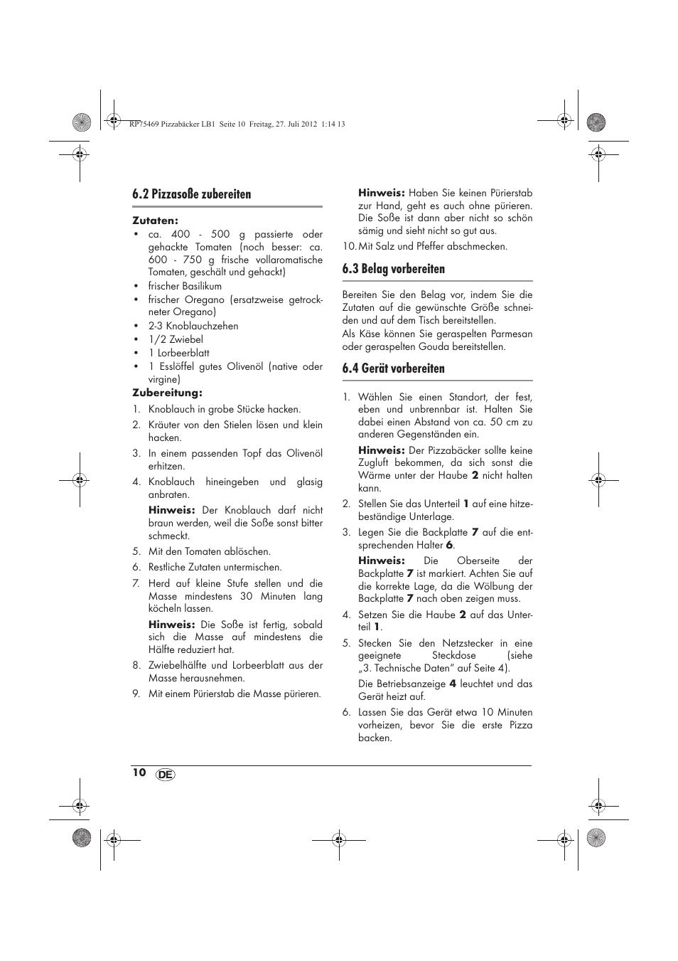 2 pizzasoße zubereiten, 3 belag vorbereiten, 4 gerät vorbereiten | Silvercrest SPB 800 A1 User Manual | Page 12 / 66