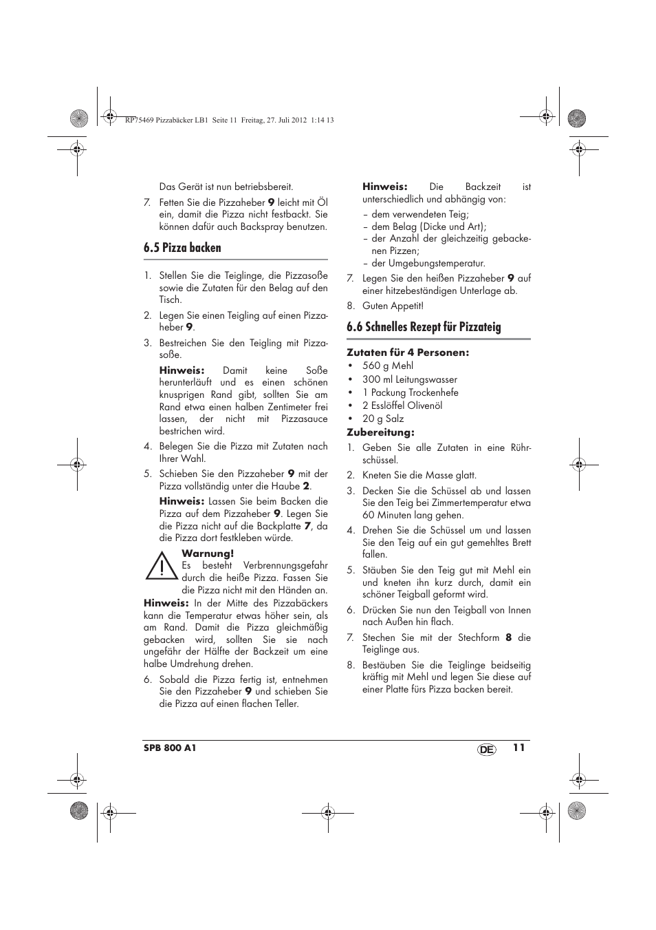 5 pizza backen, 6 schnelles rezept für pizzateig | Silvercrest SPB 800 A1 User Manual | Page 13 / 66