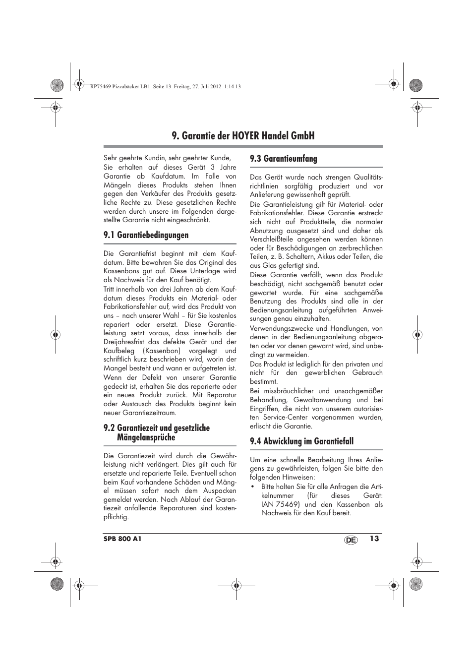 Garantie der hoyer handel gmbh | Silvercrest SPB 800 A1 User Manual | Page 15 / 66