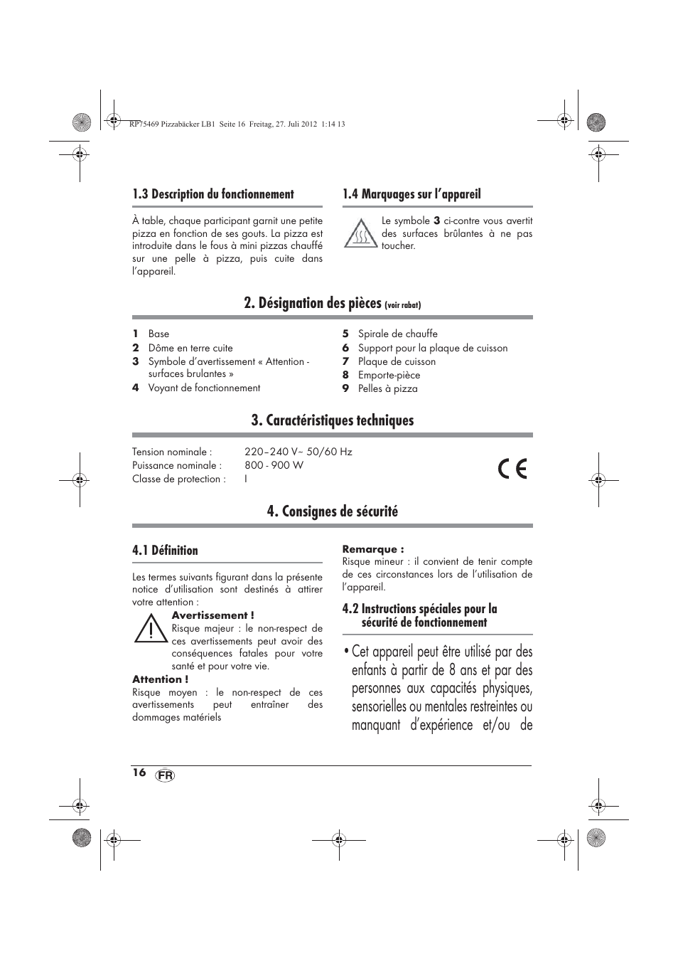 Désignation des pièces, Caractéristiques techniques, Consignes de sécurité | Silvercrest SPB 800 A1 User Manual | Page 18 / 66