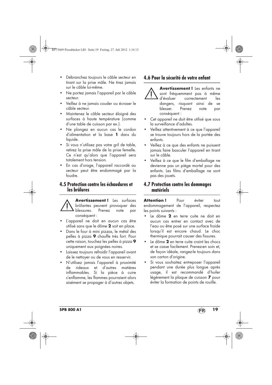 5 protection contre les échaudures et les brûlures, 6 pour la sécurité de votre enfant, 7 protection contre les dommages matériels | Silvercrest SPB 800 A1 User Manual | Page 21 / 66